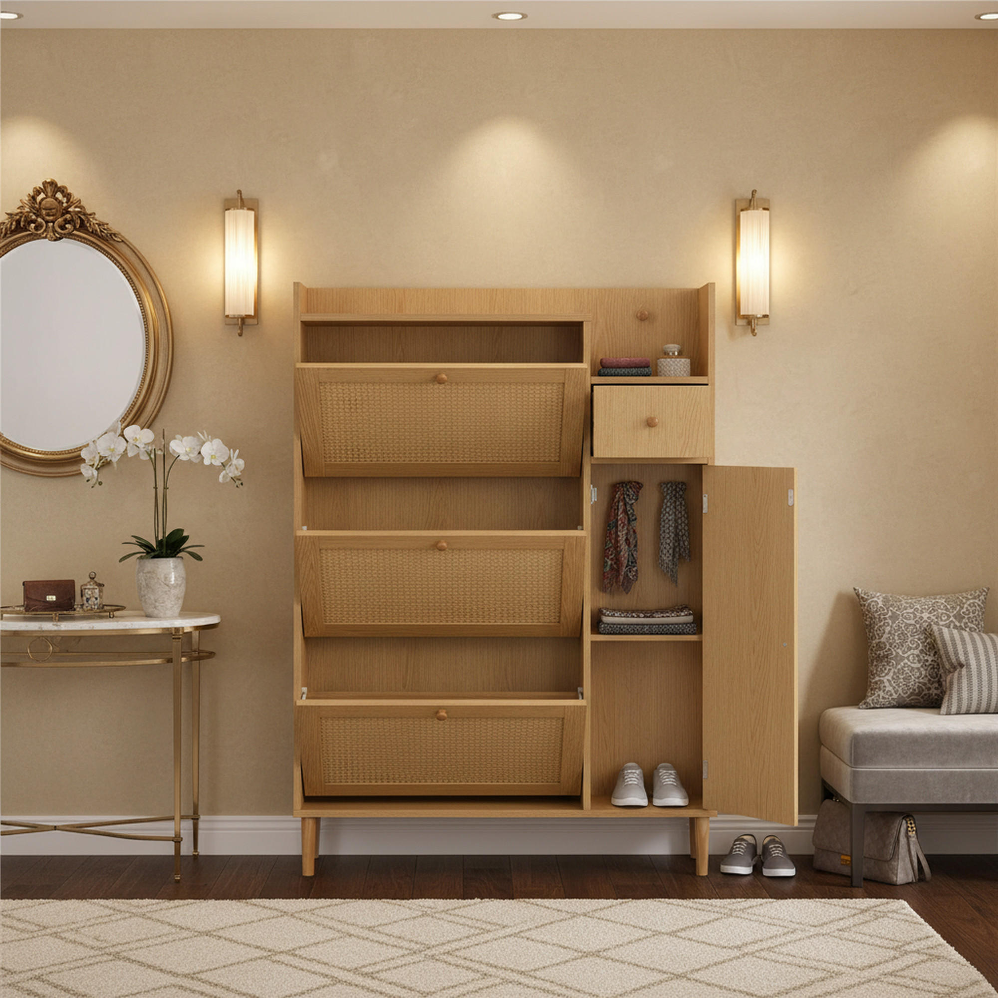 SCHUHSCHRANK Rattan Platzsparender mit 3 Kipp-Türen & 1 Schublade - Eichefarben, Holzwerkstoff (90/125/17cm) - Urban Meuble