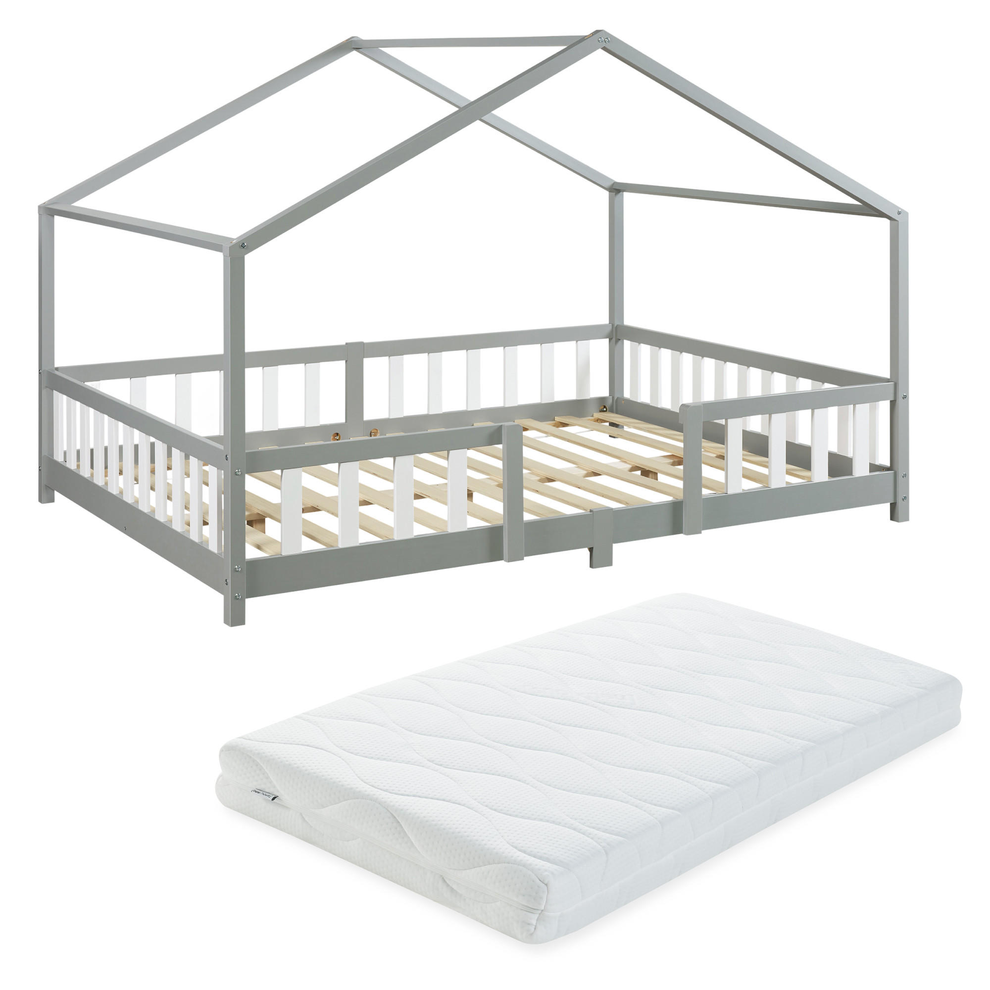 HAUSBETT Treviolo mit Matratze - Hellgrau/Weiß, Holz/Textil (126/207cm) - [en.casa]