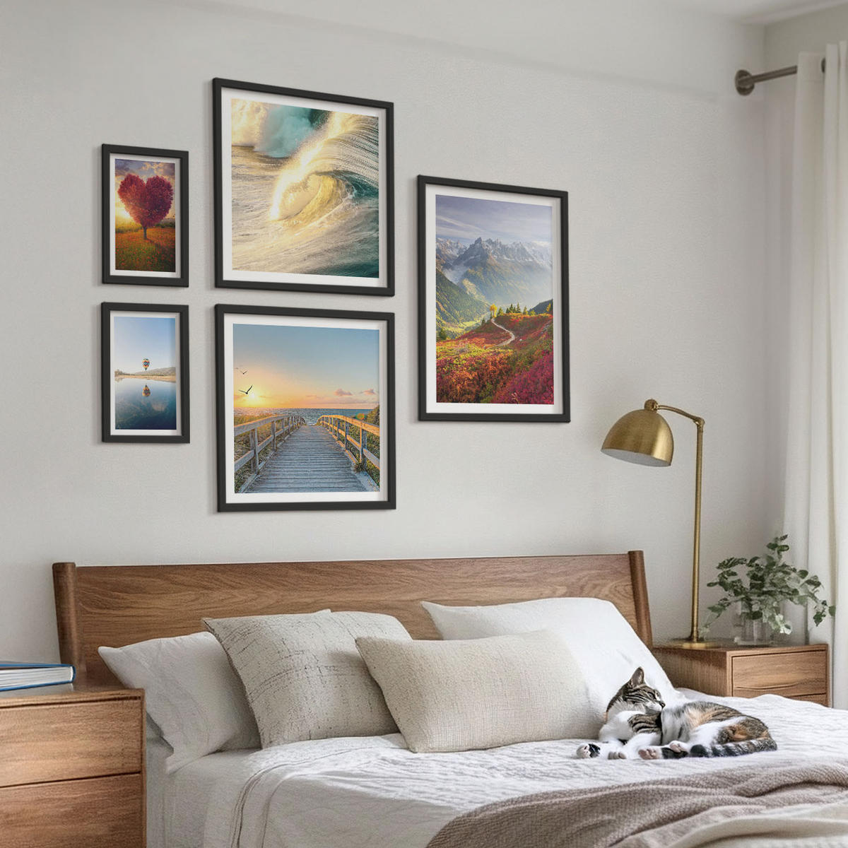 BILDER SET 5er Set - 50x50 cm & 20x30 cm & 40x60 cm Schwarzer Rahmen - Landschaften Berge Wellen Baum Herz Pier - Schwarz, Kunststoff (40/60cm) - TULUP