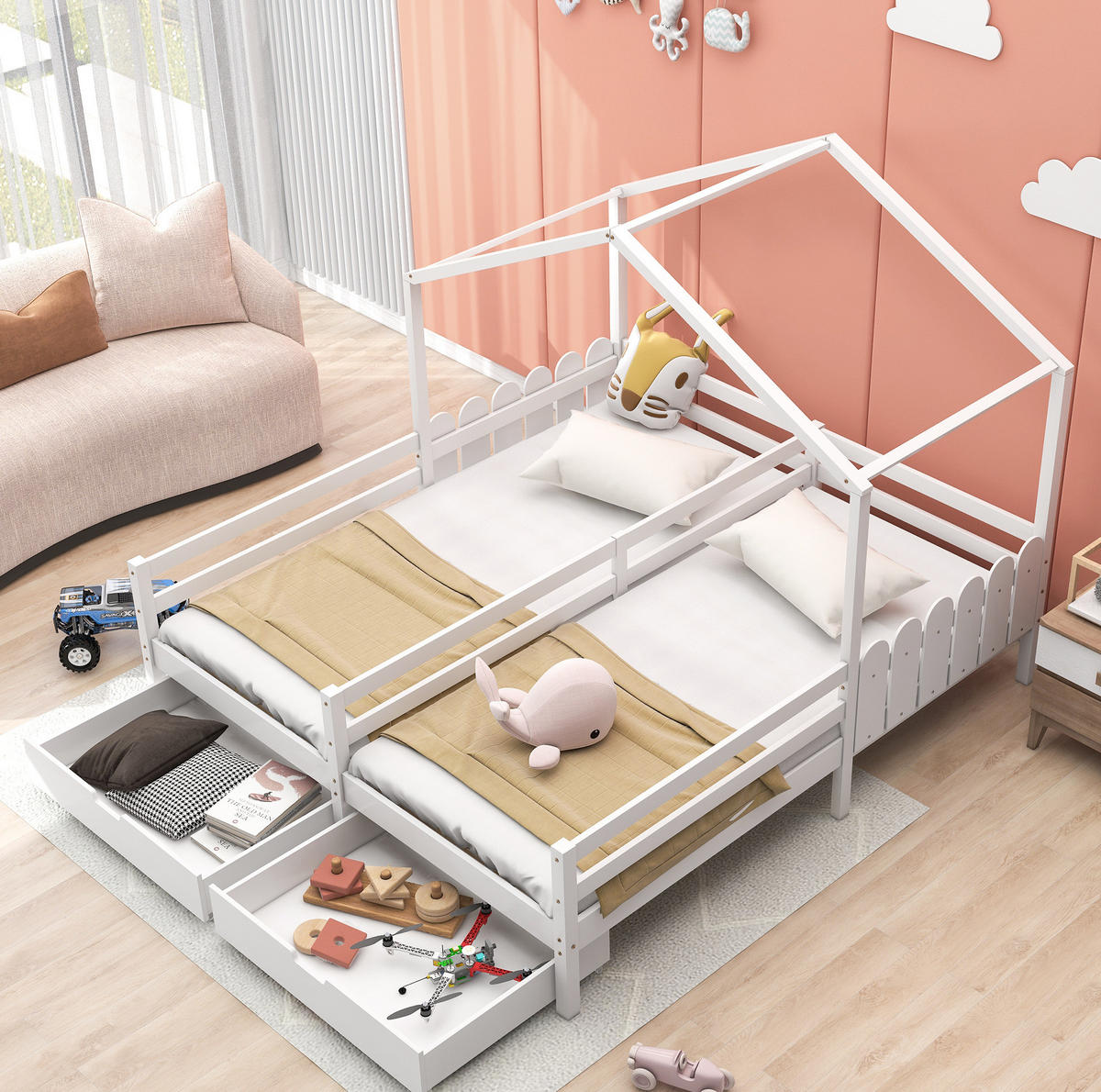 HAUSBETT 90/200 cm Weiß mit 2 MDF-Schubladen und Gitterzaun - Weiß, Holz (90/200cm) - OKWISH