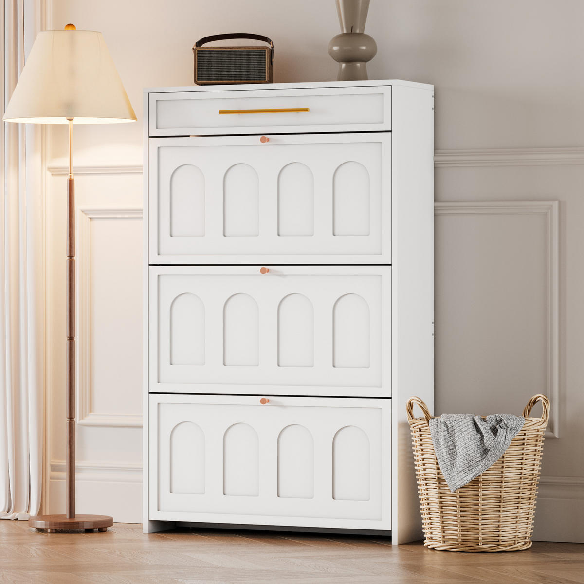 SCHUHSCHRANK aus MDF 70x25x123,5cm in Weiß mit 6 Fächern & Schublade - Weiß, Holzwerkstoff (70/123.5/25cm) - Modfu