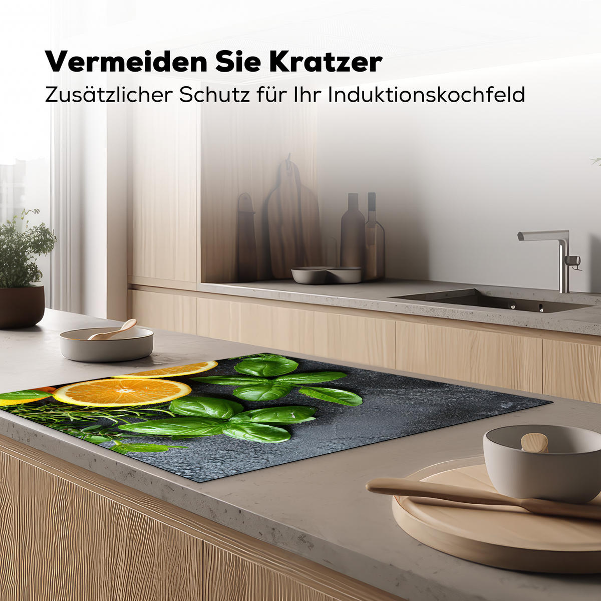 HERDABDECKPLATTE Obst - Grau - Konkret - Orange - Pflanzen Induktionsmatte 78x78 cm - Anthrazit, Kunststoff (78/78/0.2cm) - MuchoWow