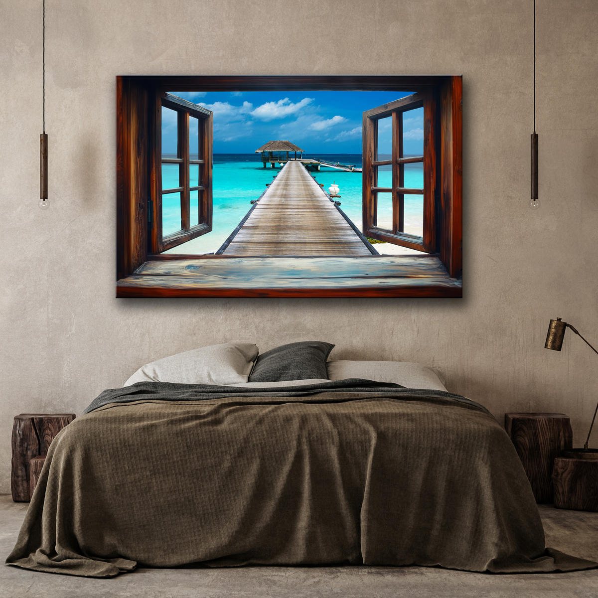 WANDBILD blick aus einem fenster meer tropischer pier - Braun, Textil (60/40cm) - Feeby