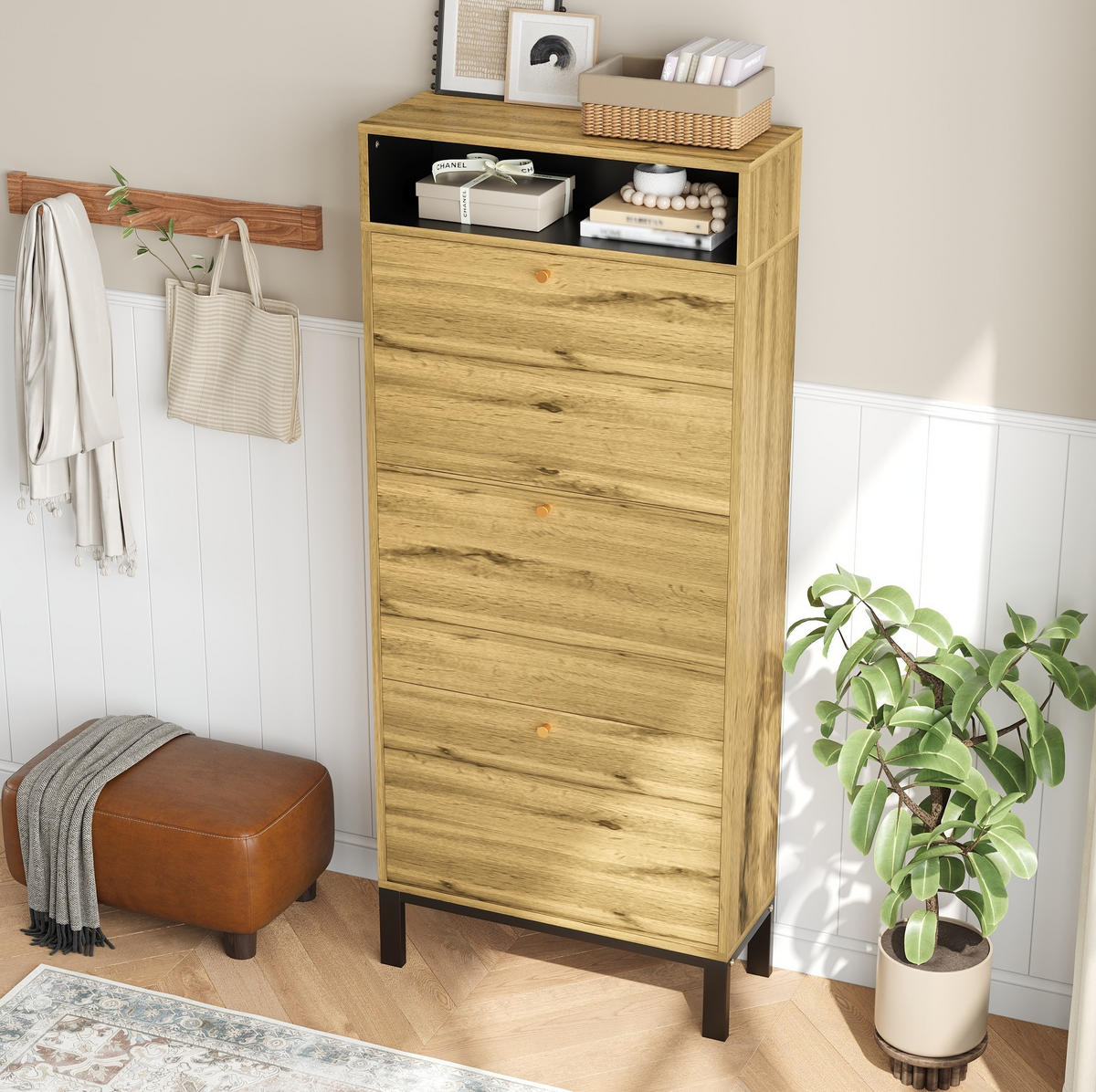 SCHUHSCHRANK 63/24/147 cm natur aus MDF mit 3 Klappen - Naturfarben, Holzwerkstoff (63/147/24cm) - OKWISH