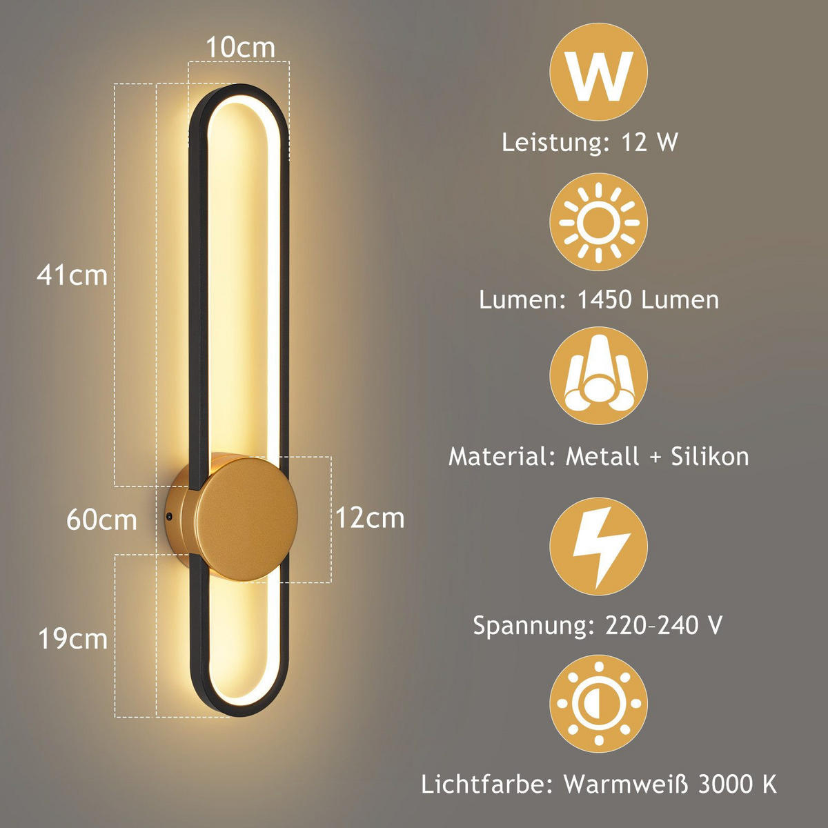 LED nástěnné svítidlo Burke III 60/12/6 cm - zlatá, kov (12/6/60cm) - Nettlife