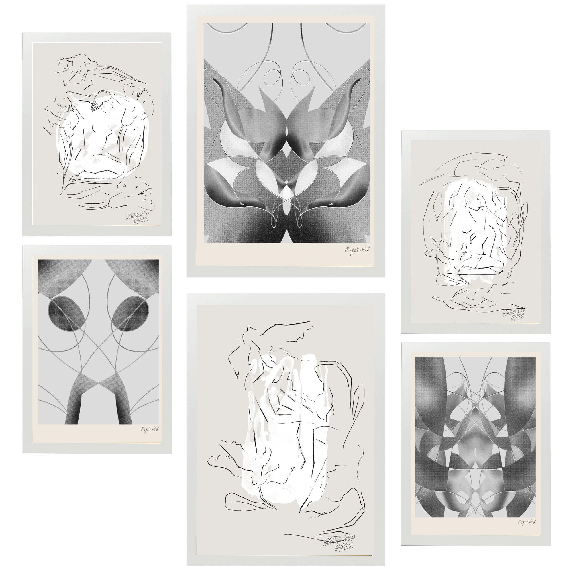 POSTER Set Mit 6 Graue & Schwarze Abstrakte Kunst A3 & A4 Weißer Rahmen - Weiß, Papier (29/3cm) - Nacnic