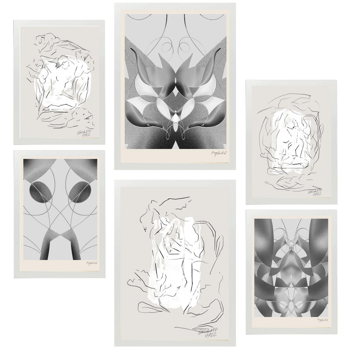 POSTER Set Mit 6 Graue & Schwarze Abstrakte Kunst A3 & A4 Weißer Rahmen - Weiß, Papier (29/3cm) - Nacnic