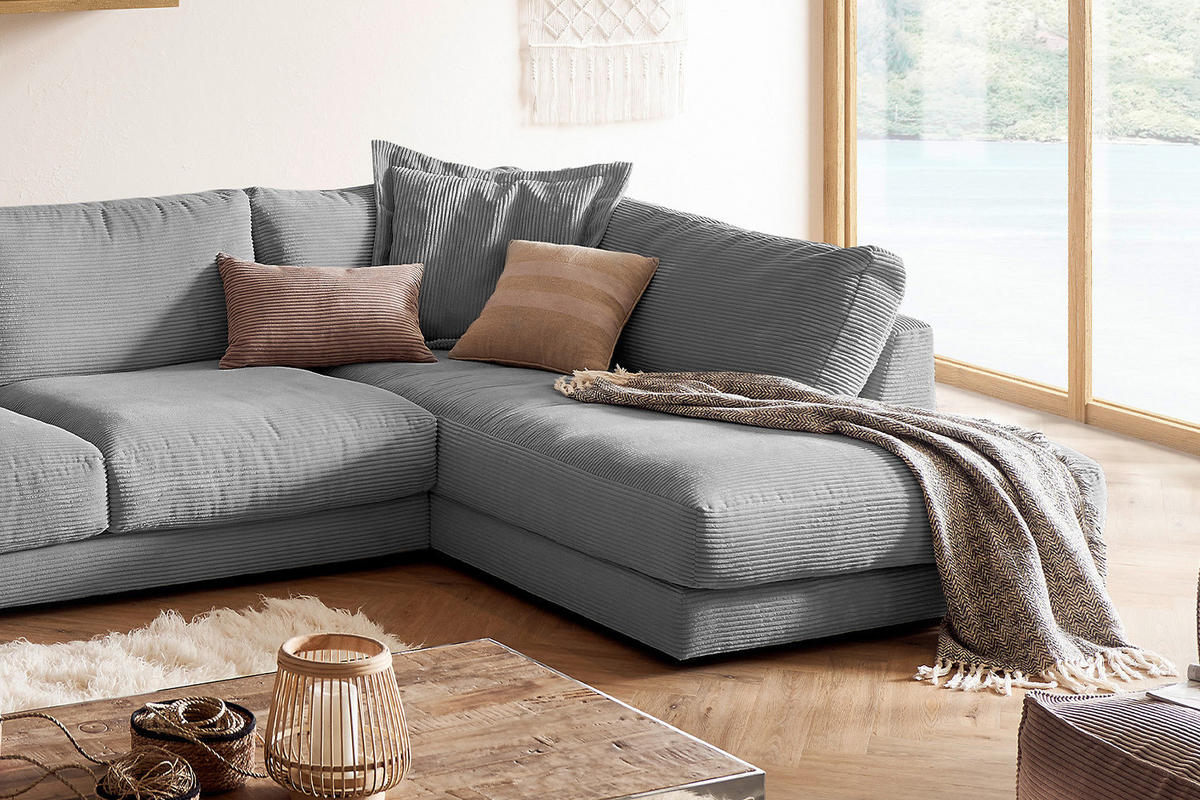 WOHNLANDSCHAFT MADELINE Grau Cord - Schwarz/Grau, Kunststoff/Textil (425/86/224cm) - KAWOLA
