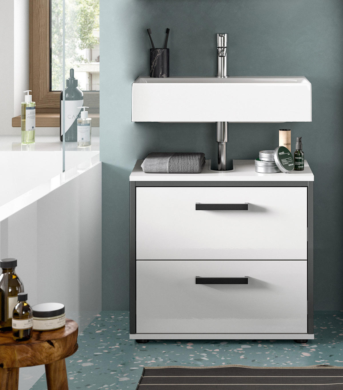 WASCHBECKENUNTERSCHRANK weiß Hochglanz, grau 60 cm, Unterschrank mit Schubkästen - Weiß Hochglanz/Schwarz, Holzwerkstoff/Kunststoff (60/55/37.5cm) - Inn.Furn