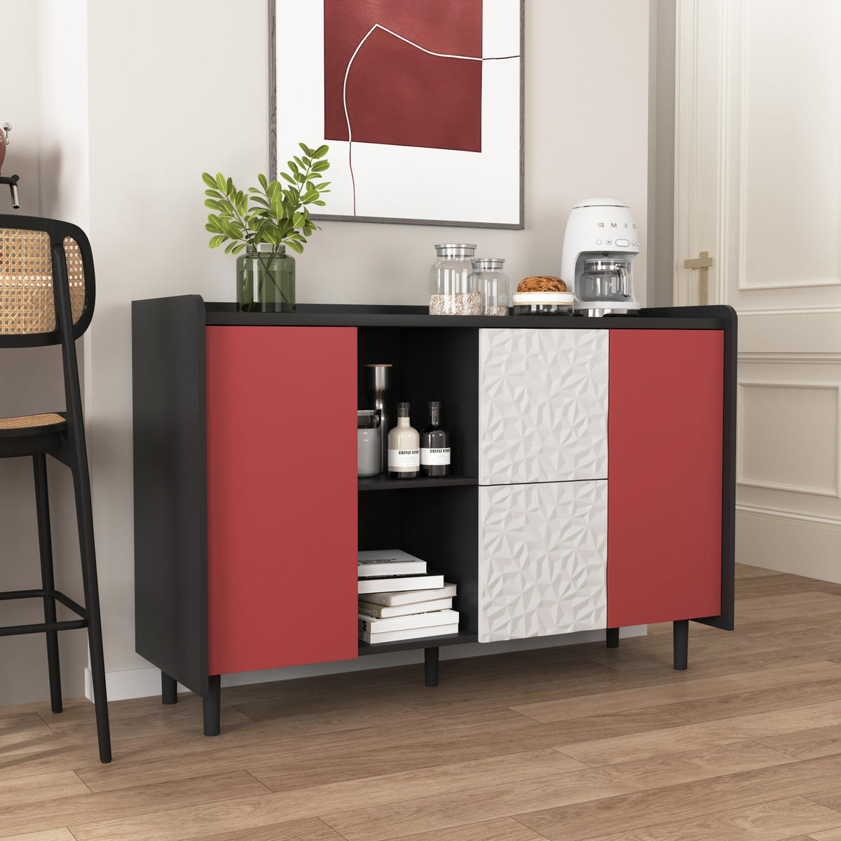 SIDEBOARD aus MDF 40x120x80 cm Schwarz/Rot mit 2 Schubladen, offenem Stauraum und Schrankfach - Schwarz, Holzwerkstoff (120/80/40cm) - Modfu