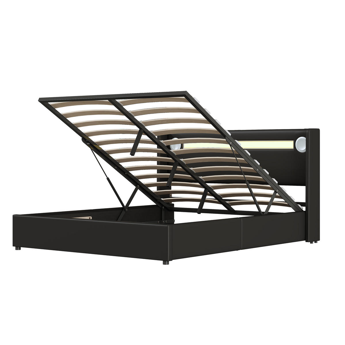 POLSTERBETT 160/200 cm schwarz mit LED-Beleuchtung und Bluetooth-Player - Schwarz, Kunststoff (160/200cm) - OKWISH