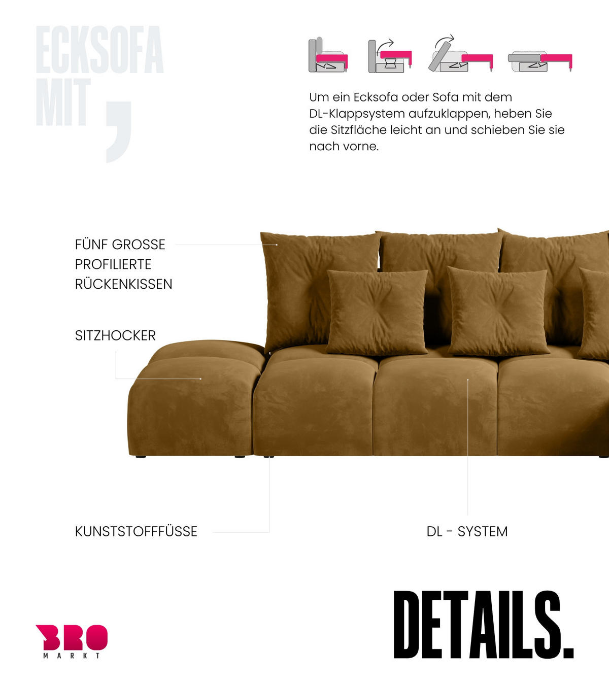 ECKSOFA mit Schlaffunktion RAMIRO Gelb - Gelb, Textil (325/185cm)