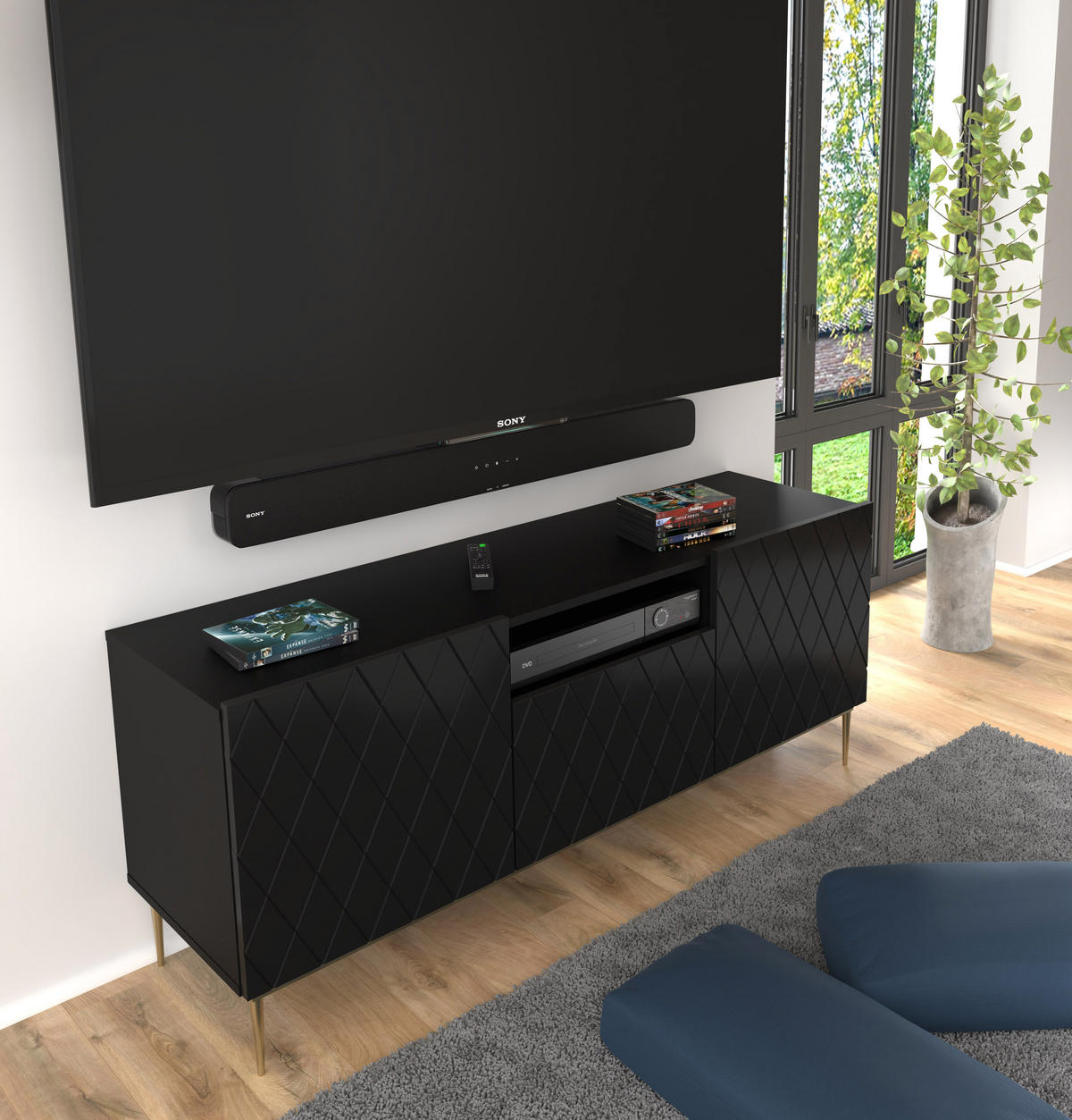 TV LOWBOARD Schwarz, Gold 145/60/40 - Goldfarben/Schwarz, Holzwerkstoff (145/60/40cm) - RAUMHIRSCH FURNITURE