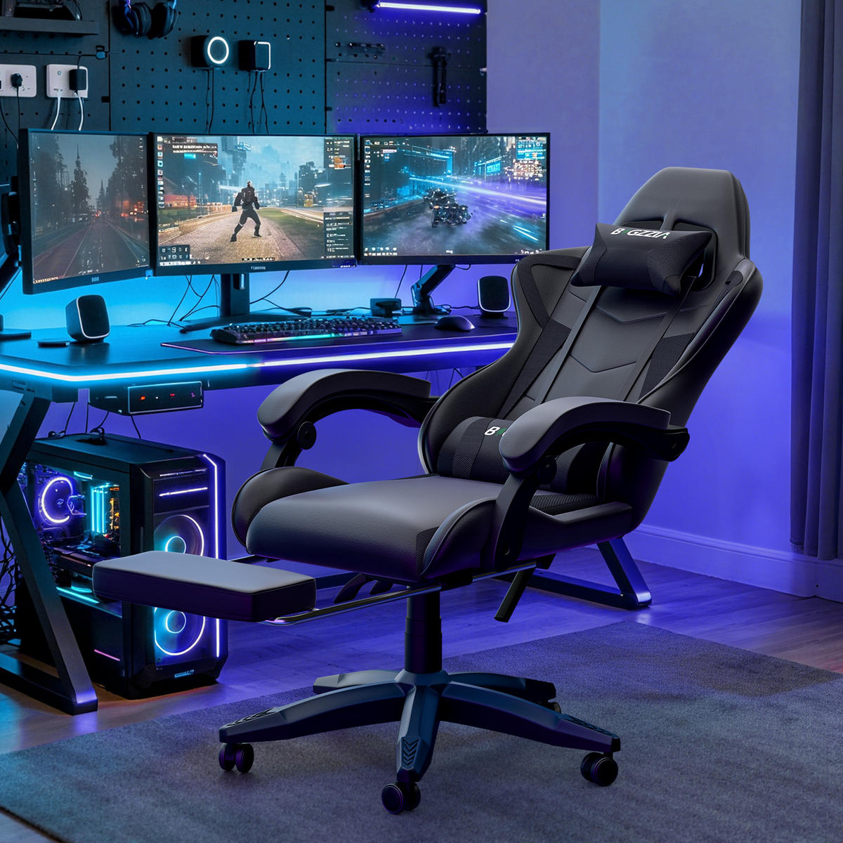 GAMINGSTUHL Schwarz Racing ergonomisch mit Fußstütze,Leder - Schwarz, Metall (29/59/79cm) - Rattrix