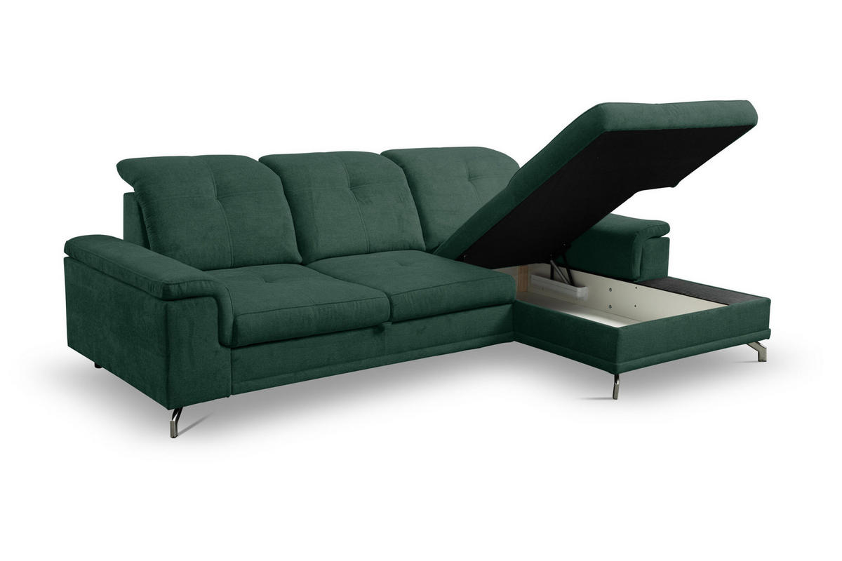 ECKSOFA PANAMA mit Schlaffunktion und Bettkasten, Farbe: Grün, Velourstoff, Ottomane Rechts - Grün, Textil (270/180cm) - VENASI MÖBEL