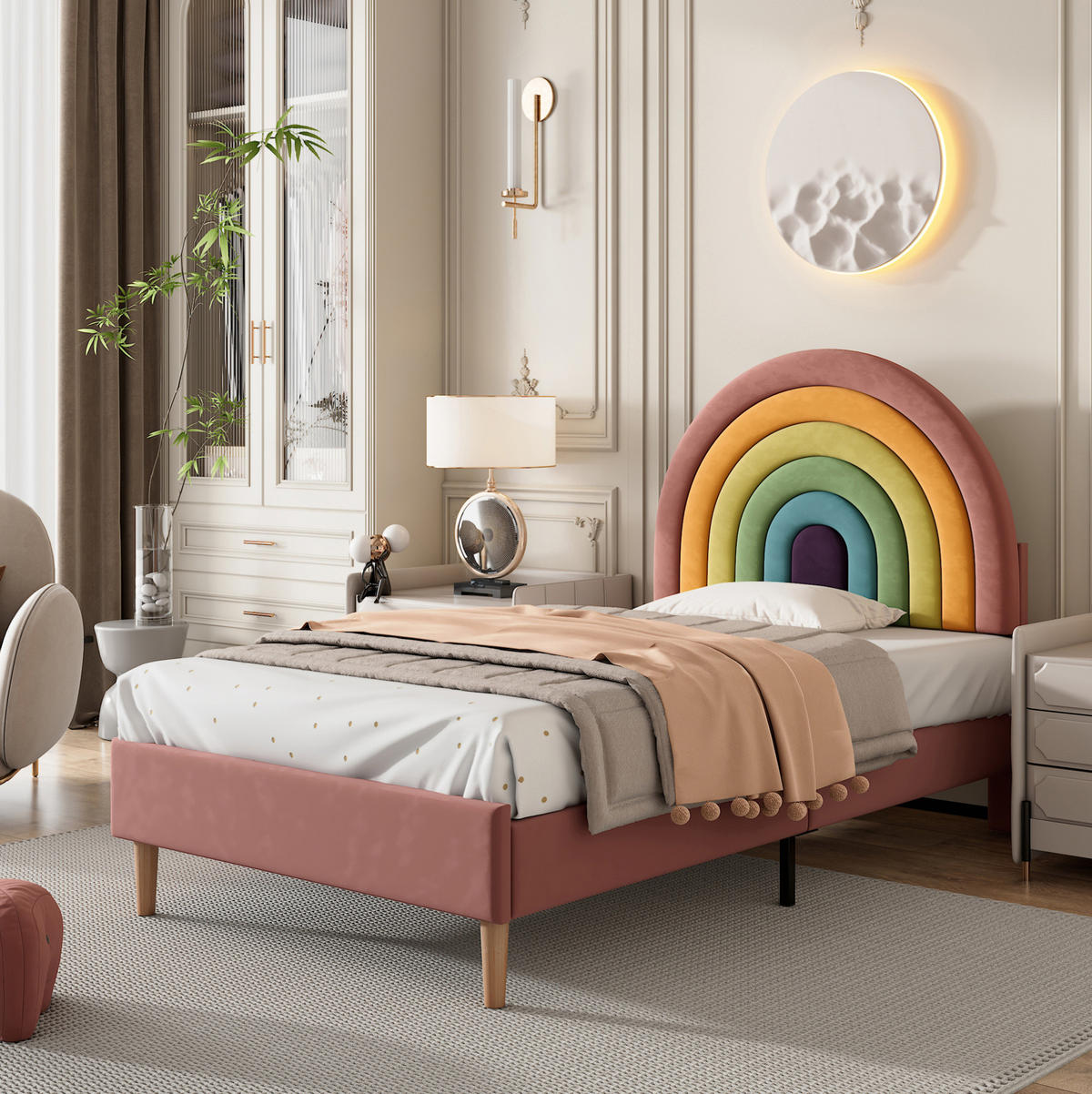 POLSTERBETT aus Samt 90x200 cm in Rosa mit Lattenrost & verstellbarem Kopfteil - Rosa, Textil (90/200cm) - Modfu