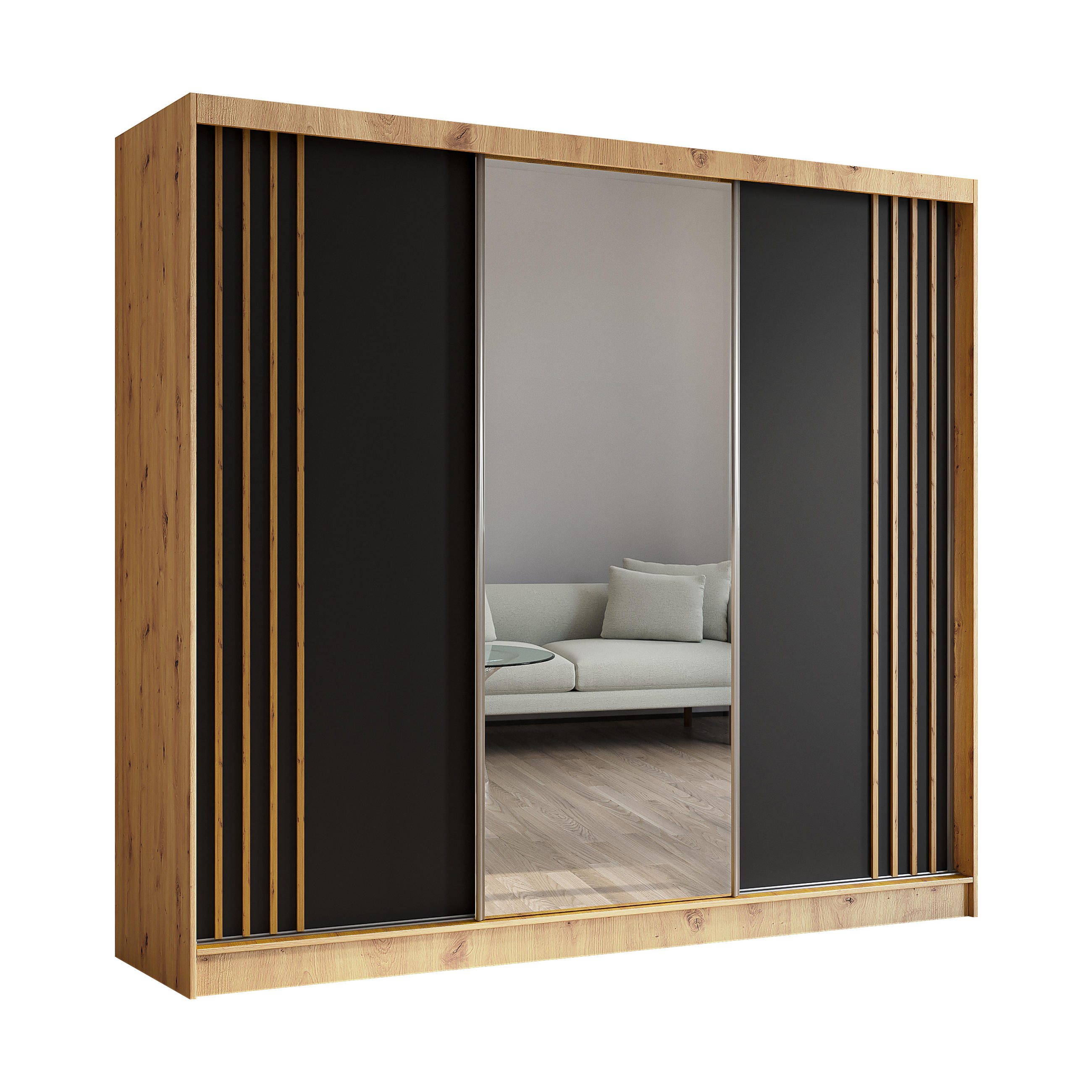 KLEIDERSCHRANK mit Spiegel-Schiebetüren und Aluminium-Leisten, LED-Beleuchtung - NALLA - 240 cm Artisan+Schwarz+Artisan - Graphitfarben/Eiche Artisan, Holzwerkstoff (240/216/61cm) - ALTDECOR