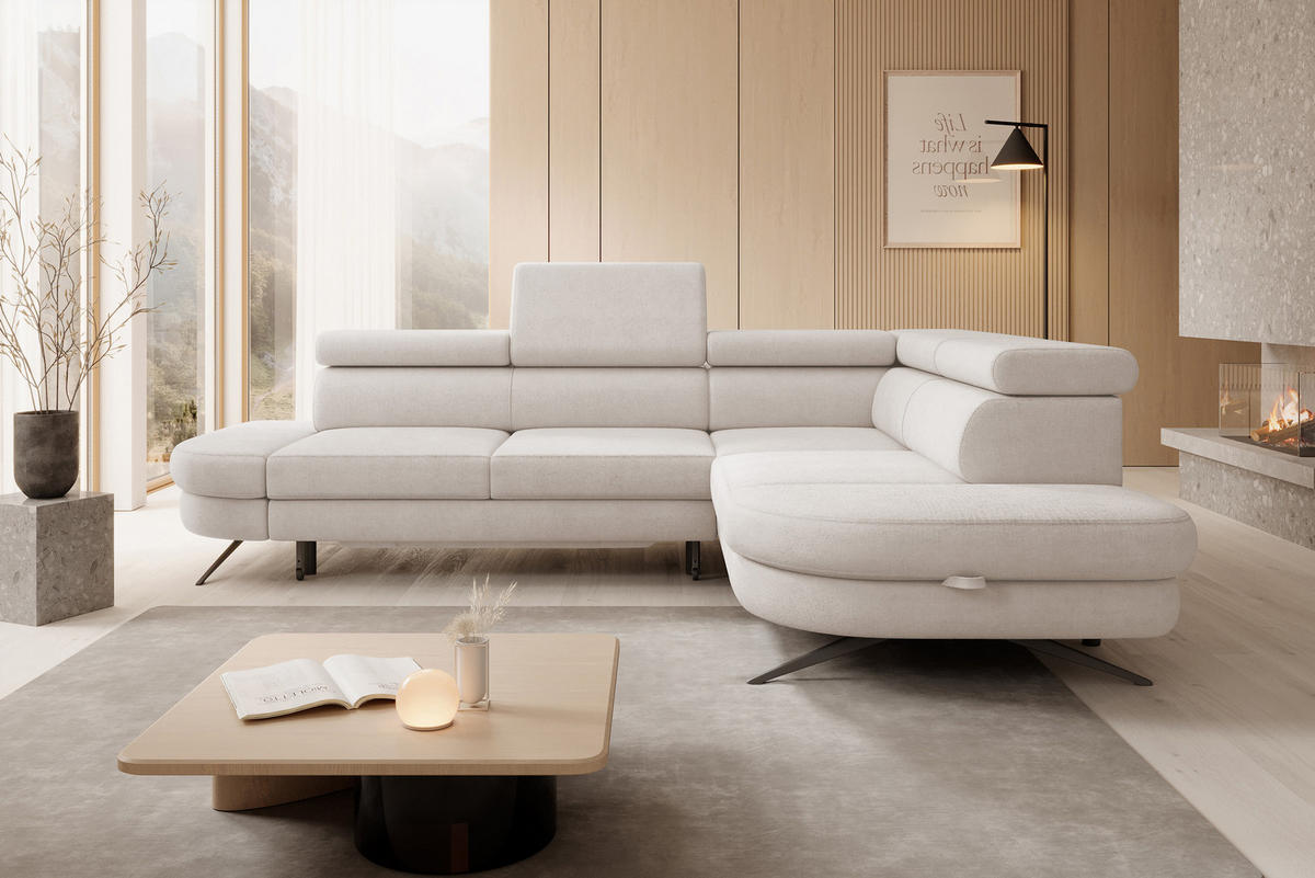 ECKSOFA OTIS L-förm, Schlaffunktion, verstellbare Kopfstützen, in AURORA-Stoff, lose Rückenkissen, freistehend, RECHTS 276x218x97 cm Beige - Beige, Holz/Textil (276/218cm) - DomoHome
