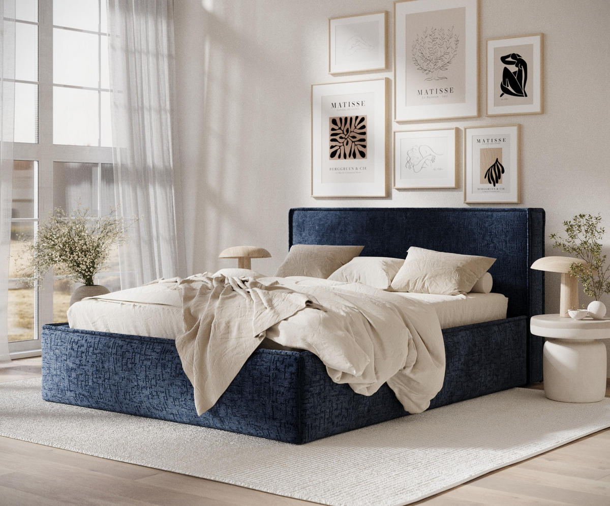 POLSTERBETT Lounge Marineblau 160/200 cm im Chenille-Stoff - Naturfarben/Dunkelblau, Holz/Holzwerkstoff (160/200cm) - Maison de Reve