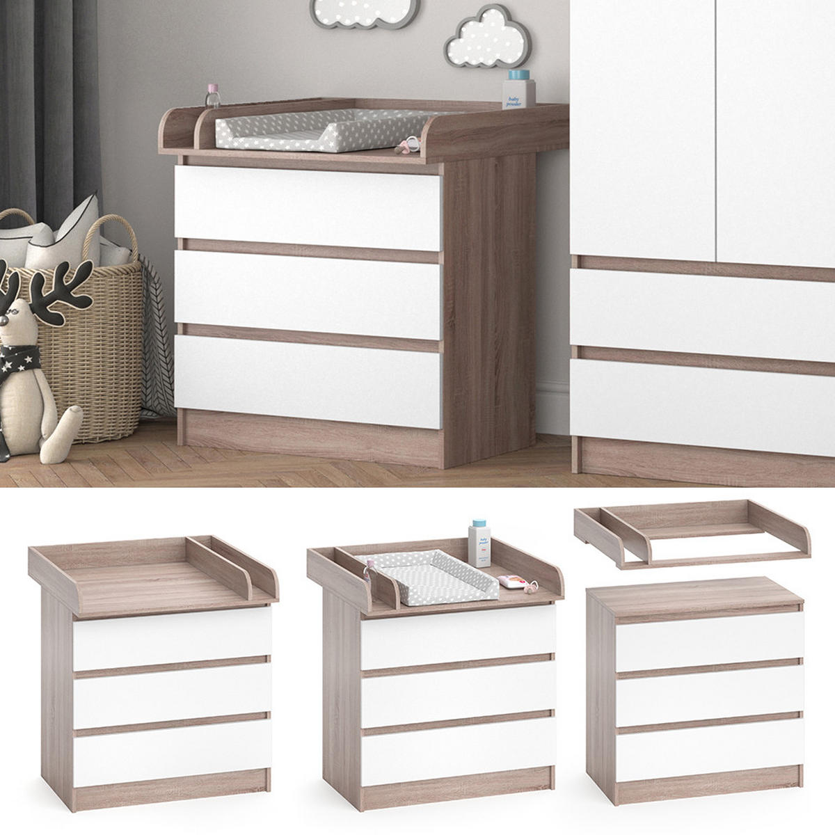 WICKELKOMMODE Emma Weiß/Sonoma 80 x 78 cm - Sonoma Eiche, Holzwerkstoff (80/87/76cm) - Vicco