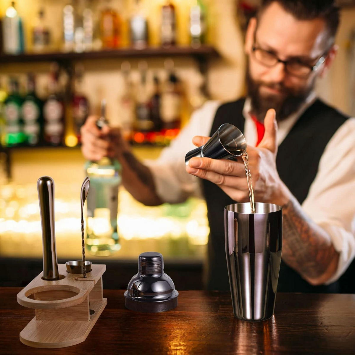 COCKTAIL Shaker Set 5-teilig 750 ml Edelstahl mit Holzständer - Multicolor, Metall (17.1/13.7/21.9cm)