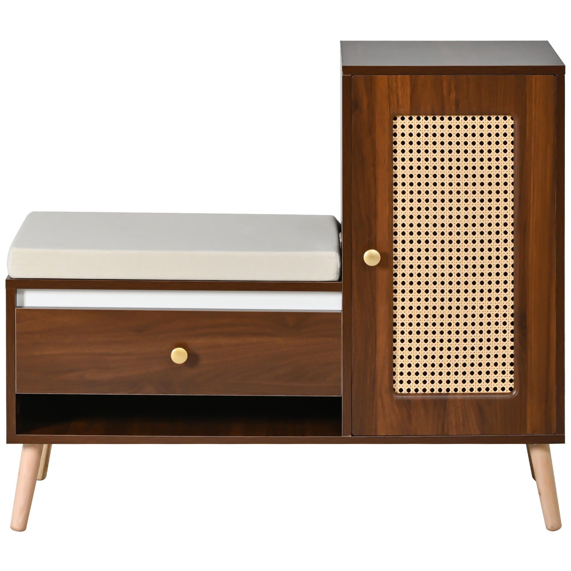 SCHUHSCHRANK in Holz-Optik – Schuhschrank mit Rattan-Tür & Sitzkissen - Walnussfarben, Holzwerkstoff (95.5/80.5/35cm) - Urban Meuble