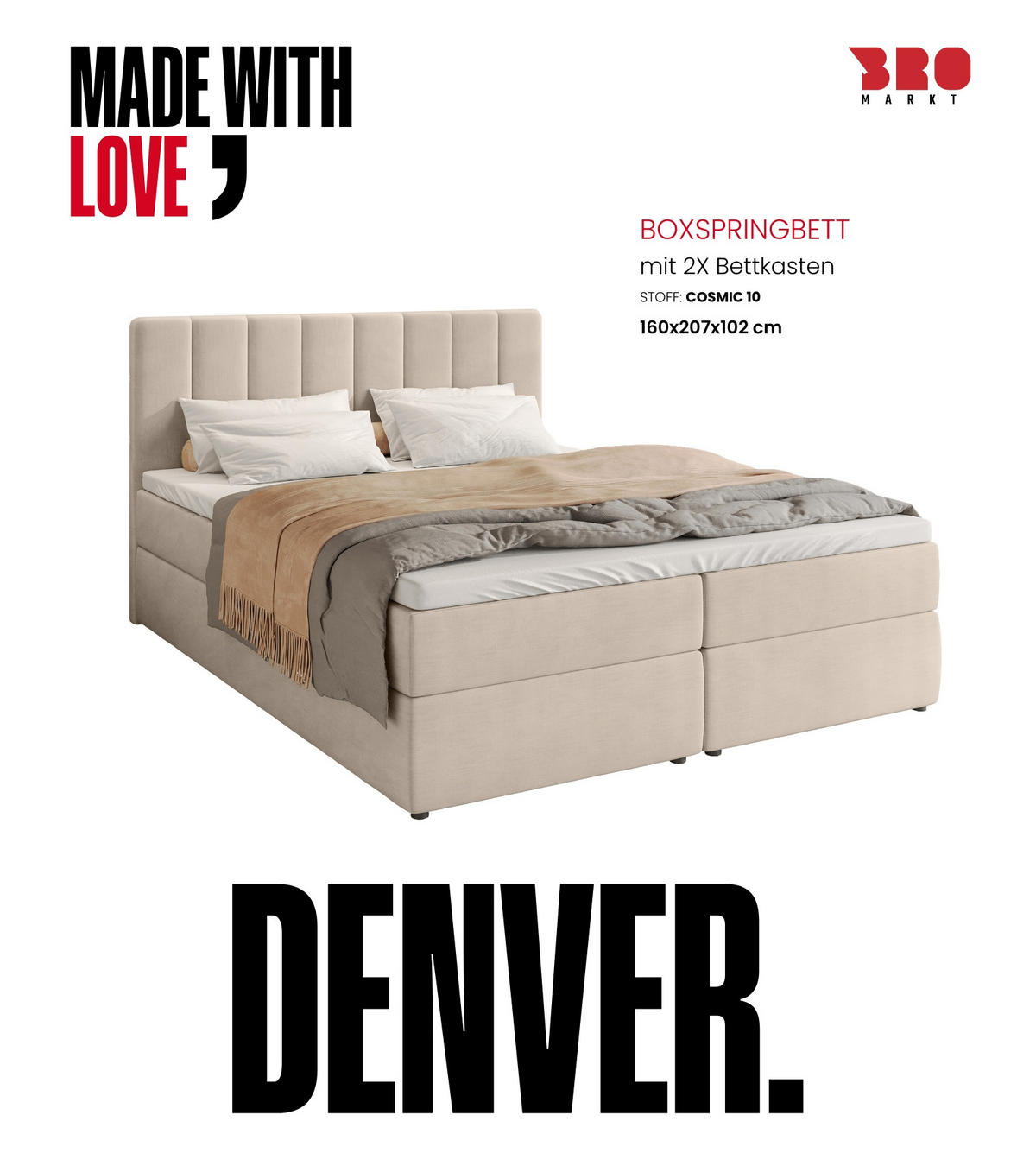 BOXBETT Denver mit Topper 160/200 Ecru - Ecru, Holzwerkstoff/Textil (160/200cm) - Bromarkt