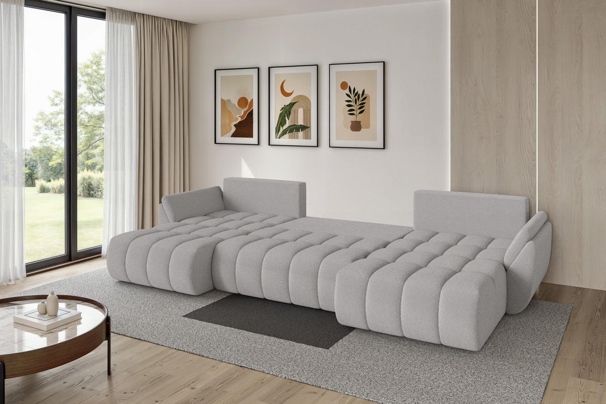 SEDACÍ SOUPRAVA DO U s funkcí spaní a úložným prostorem TOKO-U-v1 378x194x86 světle šedá bouclé - černá/stříbrná, kompozitní dřevo/textil (378/86/194cm) - ALTDECOR