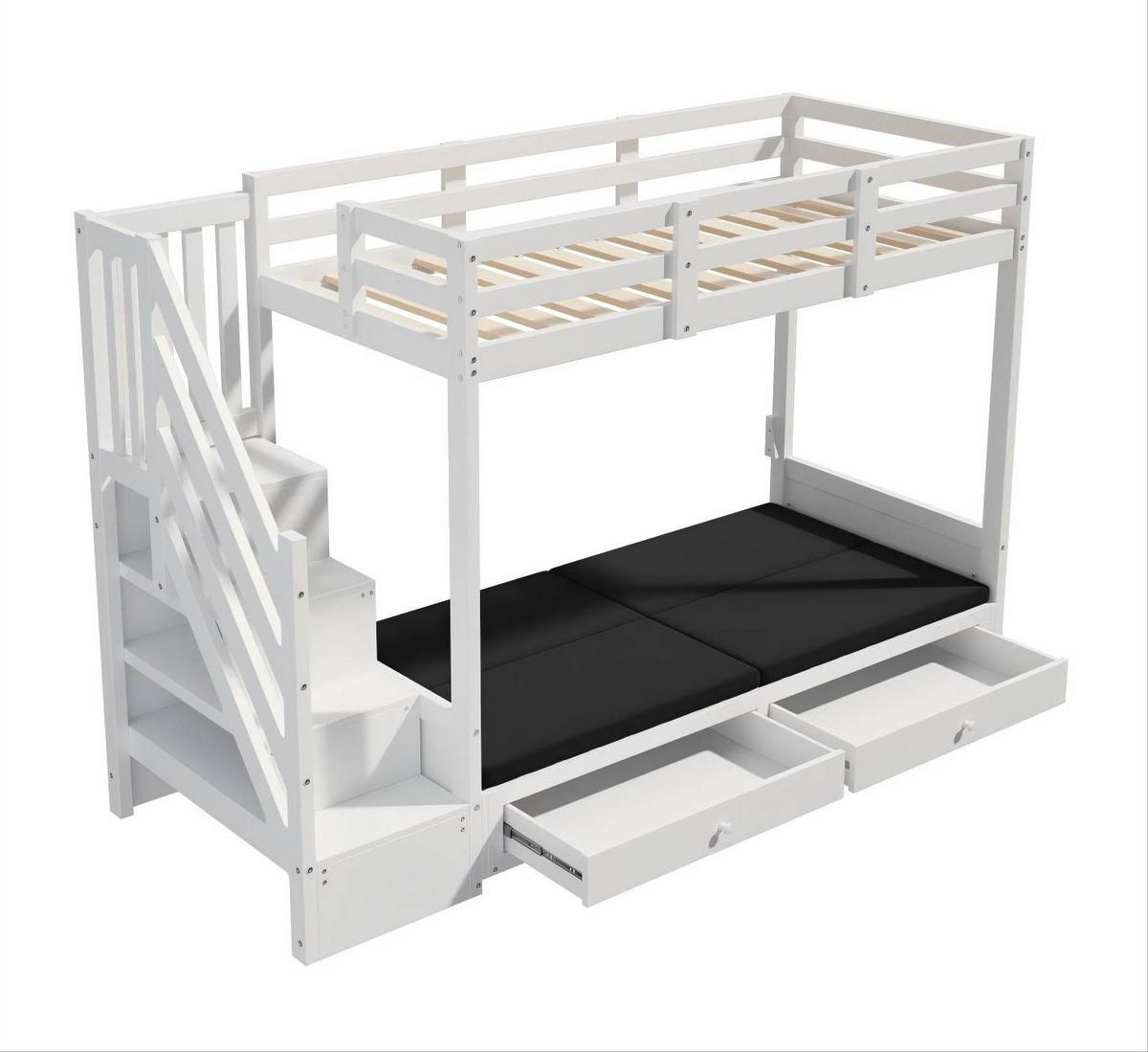 PATROVÁ postel 90/200 cm bílá z masivu a MDF se schodišťovou skříní a zásuvkami - bílá, kompozitní dřevo (90/200cm) - OKWISH