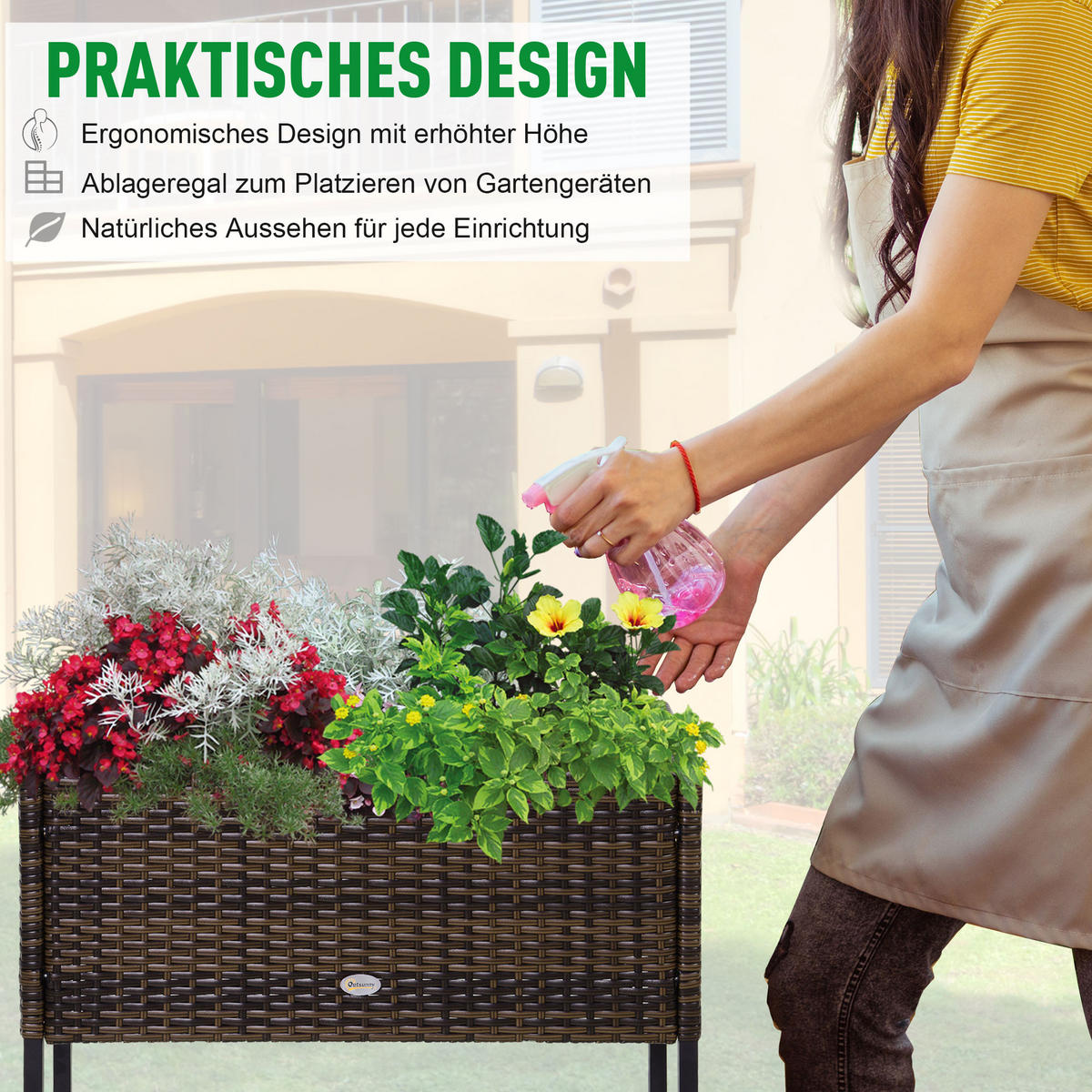 POLY Rattan Hochbeet mit Füßen Rattan Ablage Braun 70 x 30 x 70 cm - Braun, Metall (30/70/70cm) - Outsunny