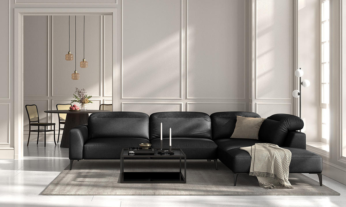 ECKSOFA mit Ottomane - Schwarz, Leder/Metall (325/238cm) - home24