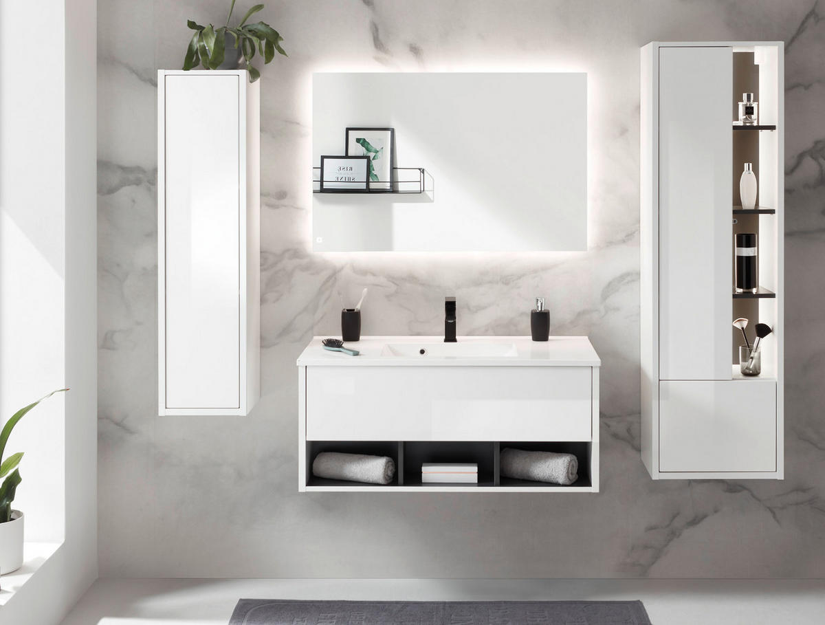 BADMÖBEL-SET weiß Hochglanz, grau, Komplettset mit Waschbecken und LED Beleuchtung 195 cm - Weiß Hochglanz/Grau, Glas/Holzwerkstoff (195/190/47cm) - Furn.Design