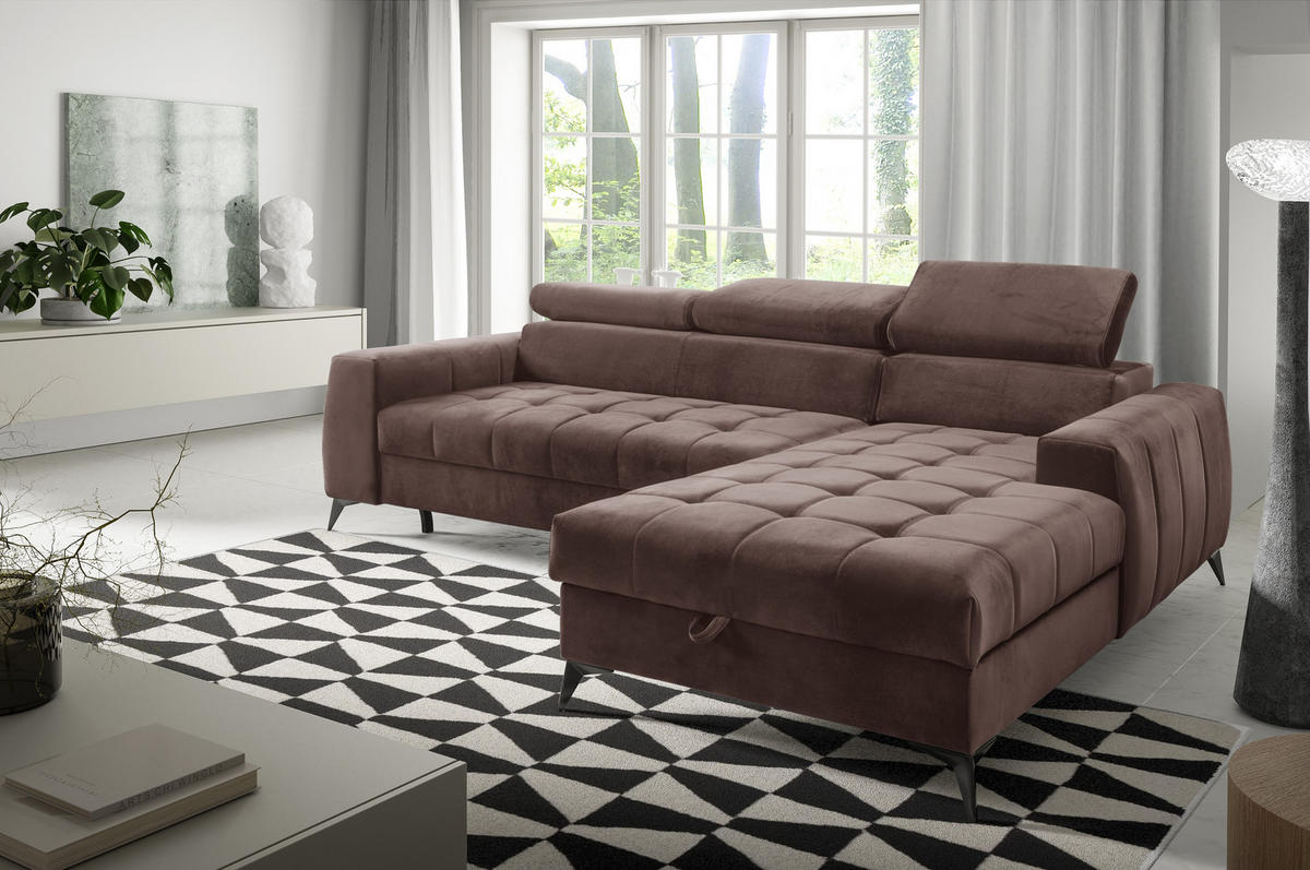 ECKSOFA L Form Arkucio Mini Braun 260/200/95 cm Rechts mit Schlaffunktion - Schwarz/Braun, Textil/Metall (260/200cm) - AX Living