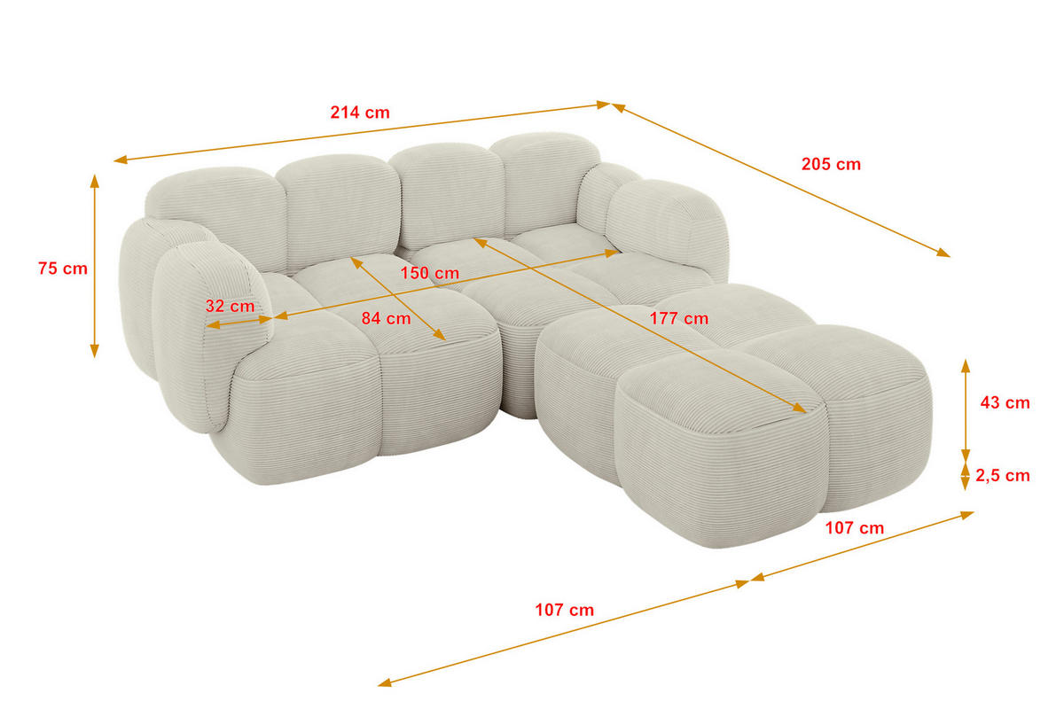 ECKSOFA modulares Sofa Rechts Miko-L1 214x205x75 Creme Cord - Schwarz/Mokka, Holzwerkstoff/Kunststoff (214/205cm) - ALTDECOR