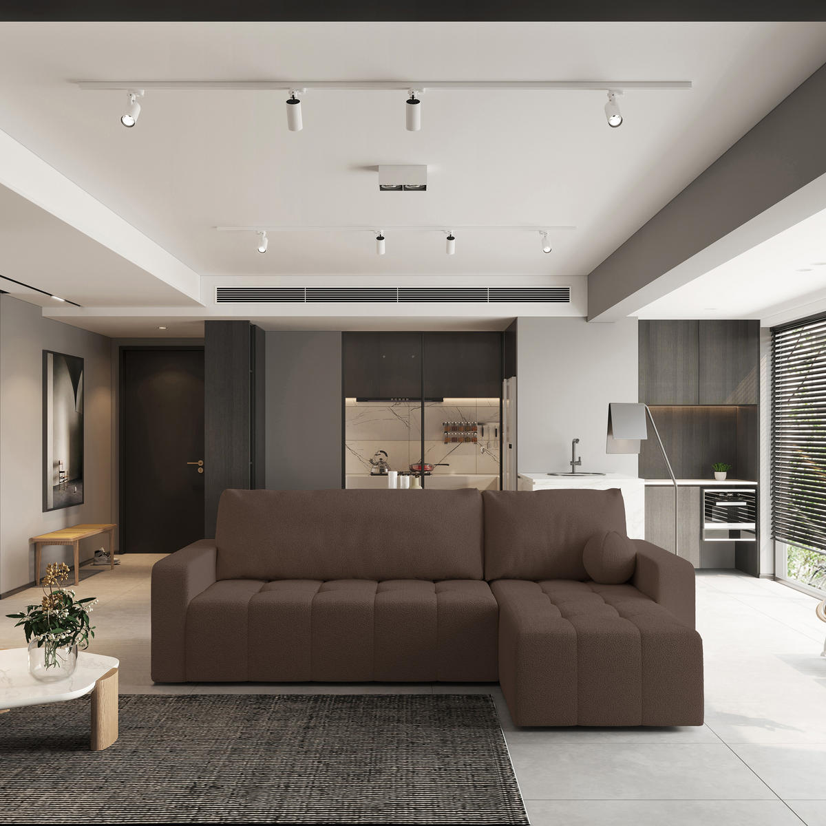 ECKSOFA VOLIRA Braun Boucle-Stoff mit Schlaffunktion - Braun, Holz (230/143cm) - MASSENO