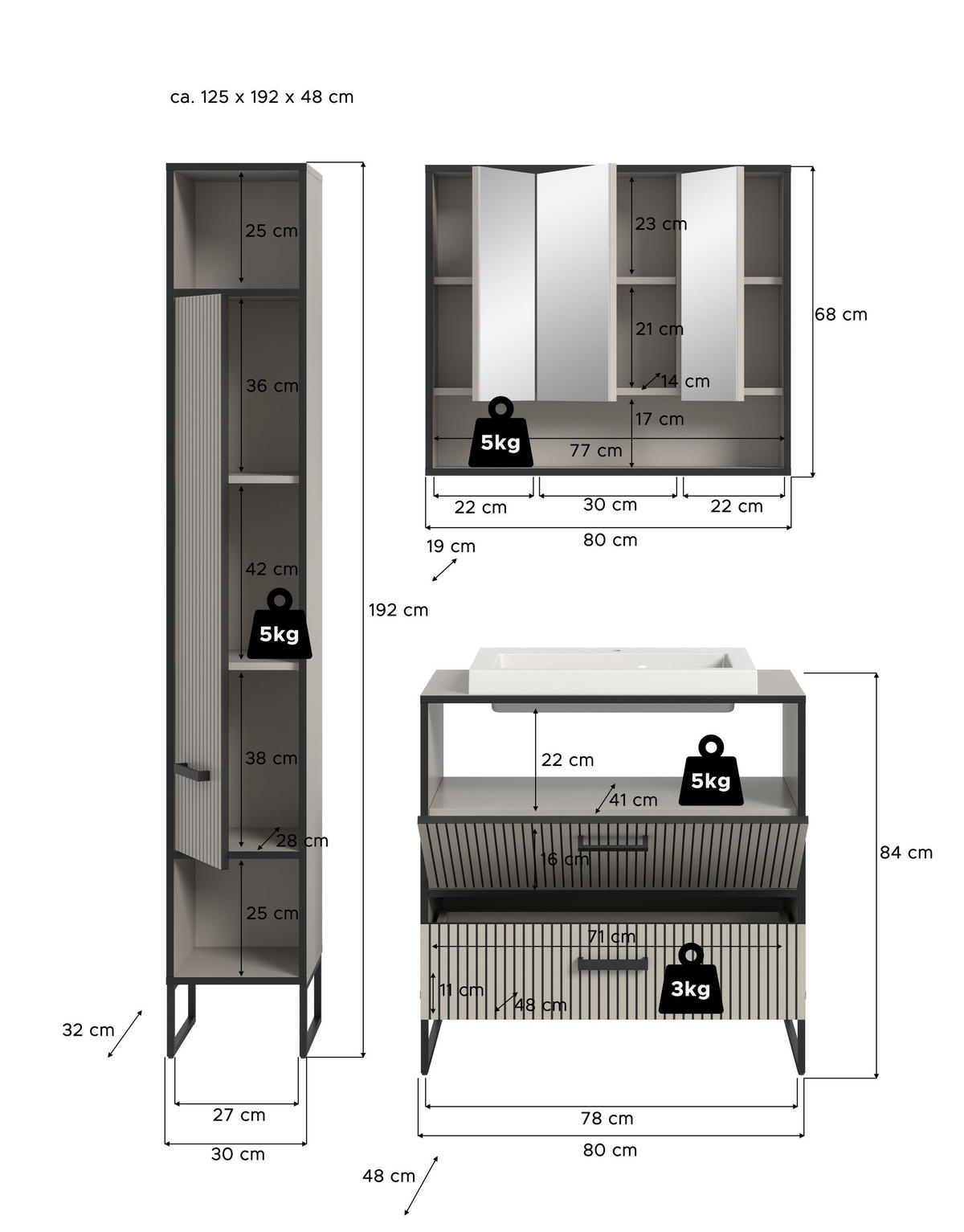 BADKOMBINATION 3tlg. Bagno Bad in Kaschmir Nachbildung und schwarz B/H/T: 125x192x48 cm - Kaschmir, Holzwerkstoff (125/192/48cm)