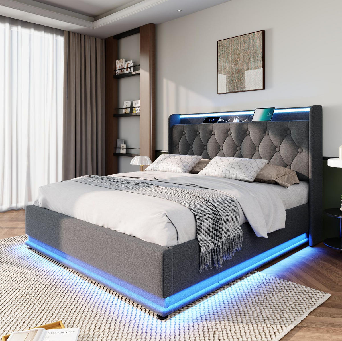 BETT mit LED und Stauraum 140x200 cm Leinen Grey inkl. Matratze - Grau, Metall (140/200cm) - Meubliv