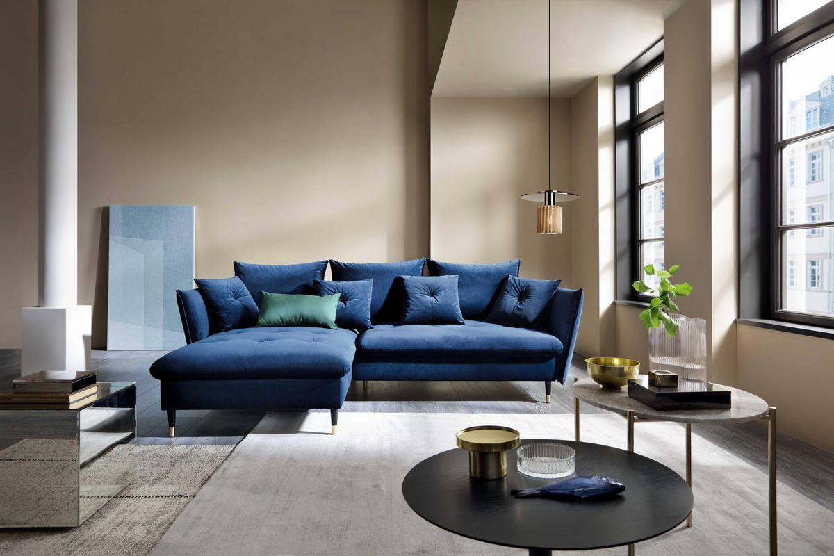 ECKSOFA GLAM mit Schlaffunktion, Ottomane & goldenen Füßen – Samtsofa im Glamour-Stil mit Zierkissen, 258x167x91cm, Linke, BLAU - Blau, Holz/Textil (167/258cm) - DomoHome