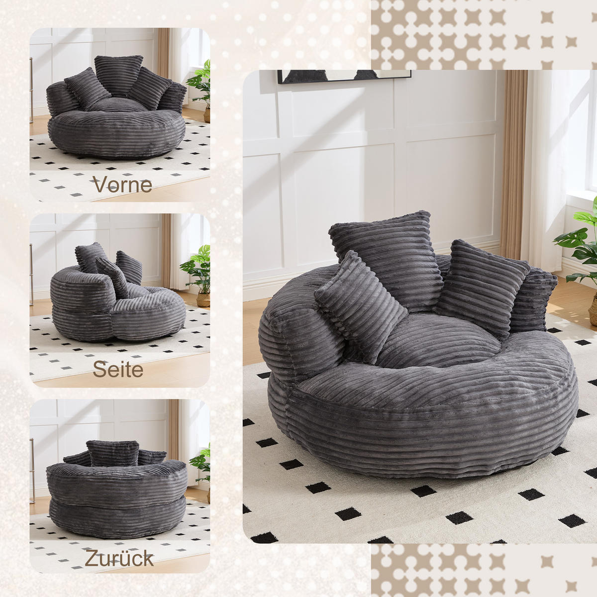 SEDACÍ VAK manšestr tmavě šedý s opěradlem a 3 polštáři - tmavě šedá, textil (108/52/108cm) - Urban Meuble