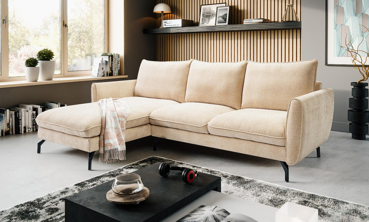 SOFA beige Webstoff 259 x 167 cm, Ecksofa 5-Sitzer, L-Sofa Ottomane links - Beige/Schwarz, Holz/Textil (259/167cm) - Inn.Furn