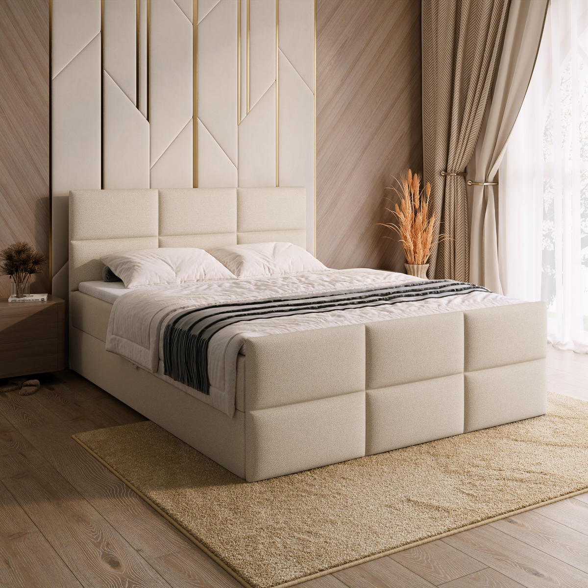 BOXSPRINGBETT Boston Duo Mit Bettkasten, Topper und Matratze Ecru Cosmic 10 140x200 cm - Ecru/Schwarz, Textil (140/200cm) - Bromarkt