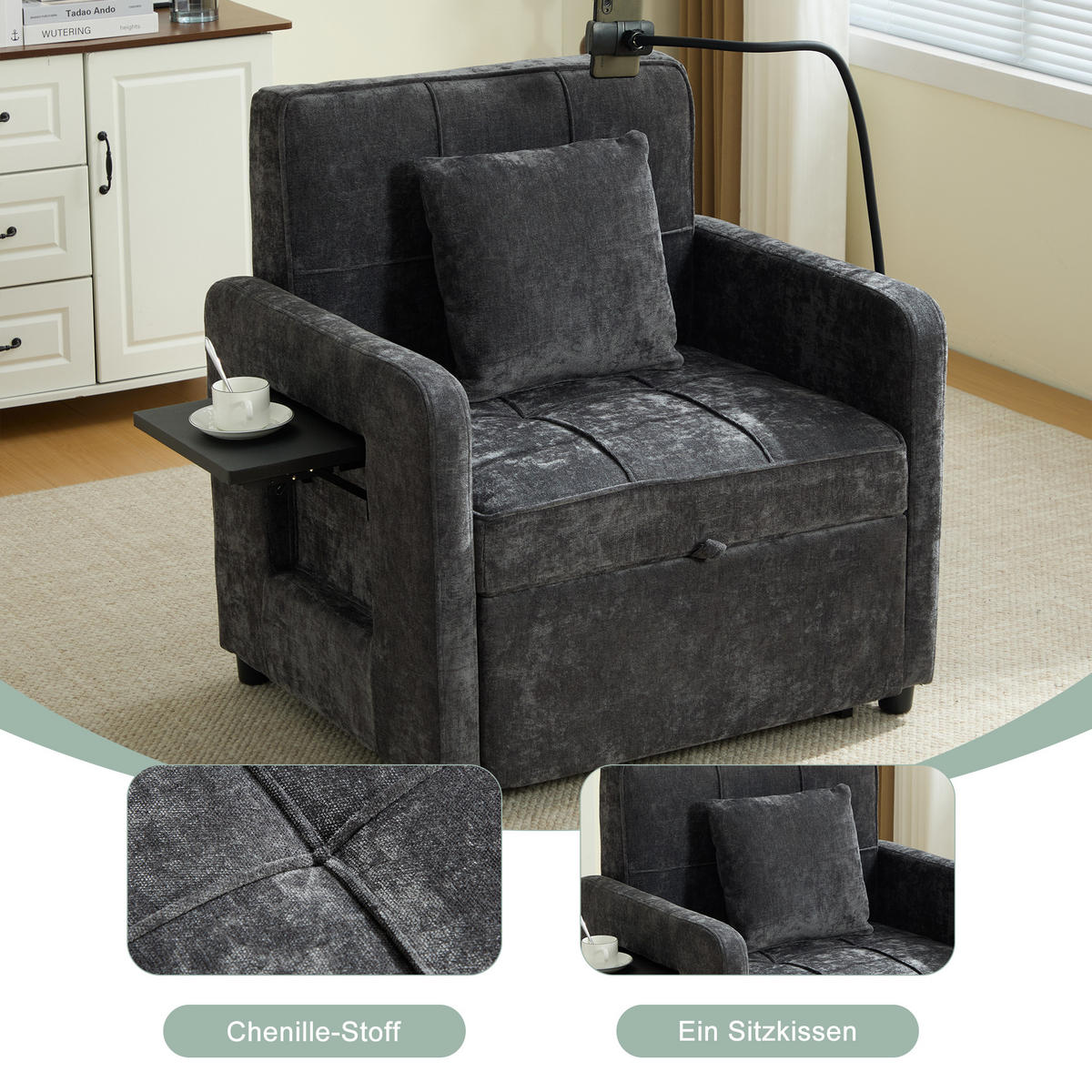 SOFA Chenille Dunkelgrau mit Kissen, Stauraum und Handyhalterung - Dunkelgrau, Textil/Metall (79/83/167cm) - WISHDOR
