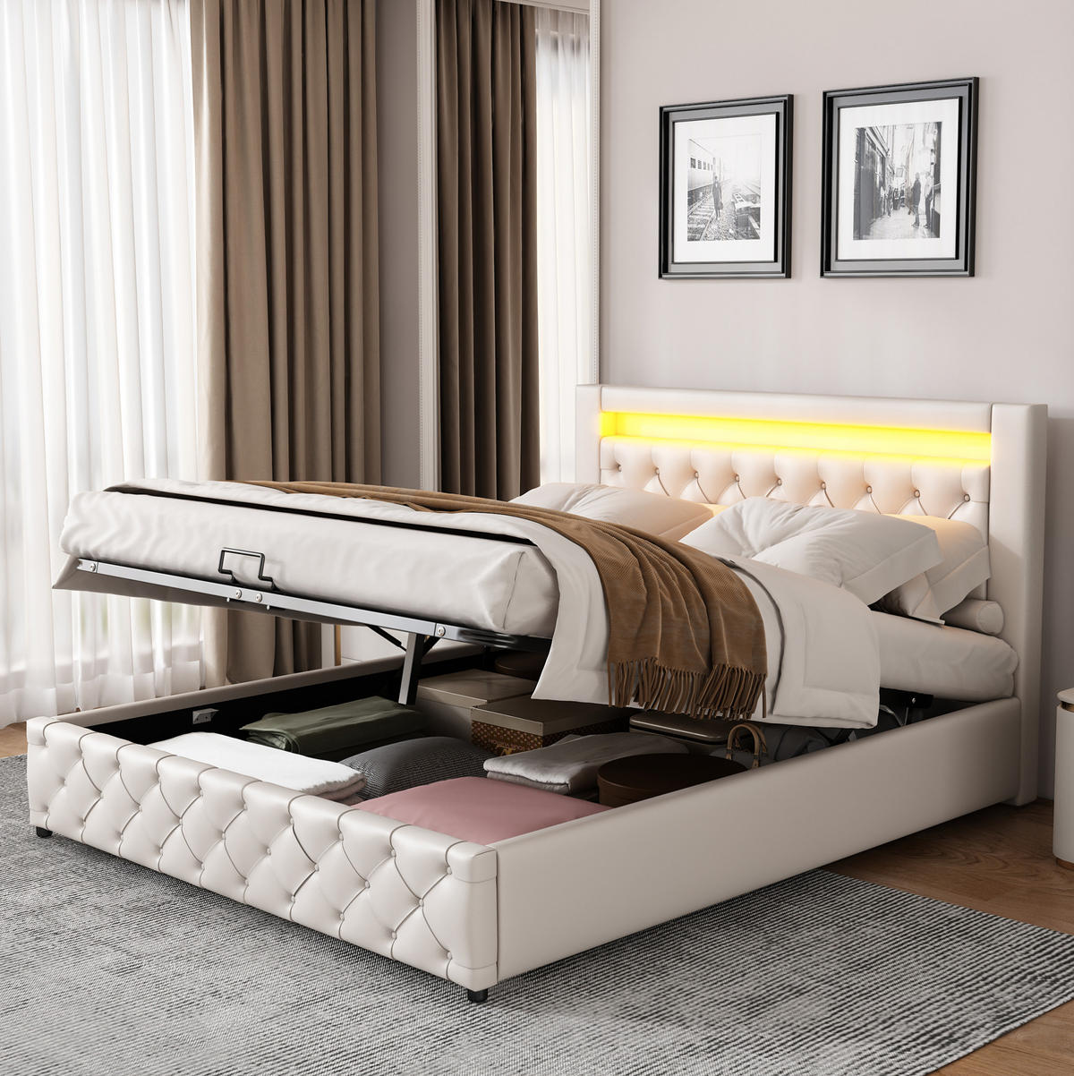 POLSTERBETT 140/200 cm Weiß aus PU mit Bettkasten und LED-Beleuchtung - Weiß, Kunststoff (140/200cm) - OKMYHOME