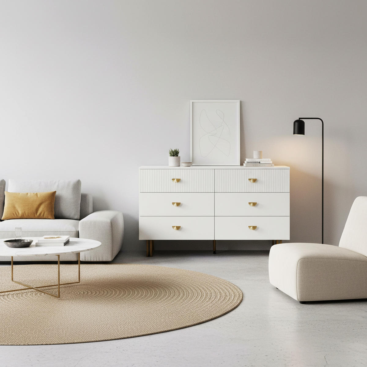 SIDEBOARD 6 Schubladen mit goldenen Griffen & Metallfüßen Weiss - Weiß, Holzwerkstoff (120/75/40cm) - Urban Meuble