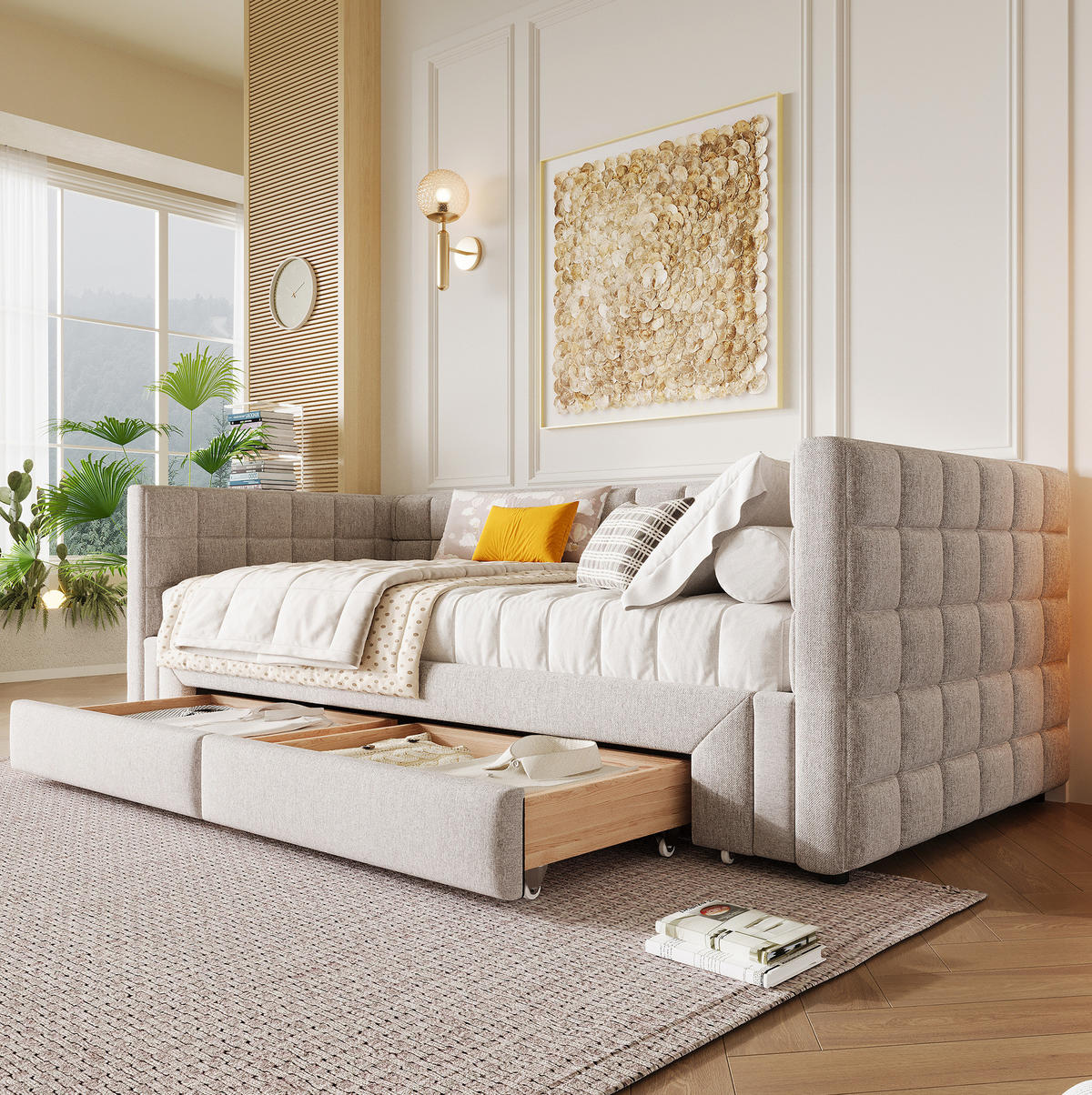 AUSZIEHBETT 90/180x200 cm aus Samt mit 2 Schubladen in Beige - Beige, Textil (90/200cm) - Flora Grace