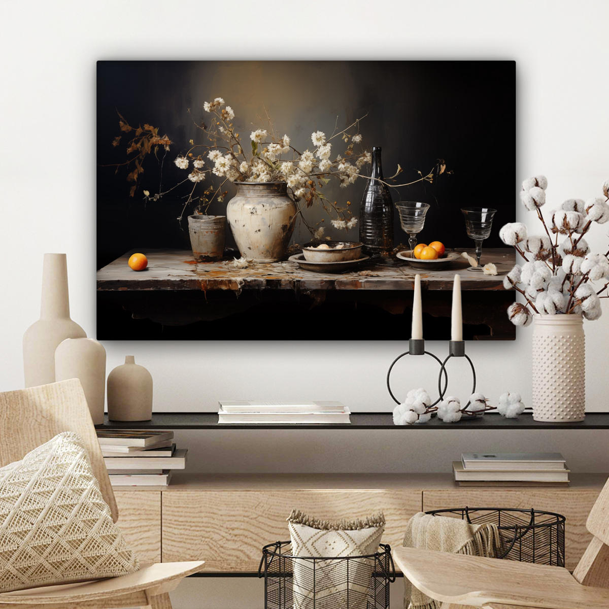 LEINWANDBILD Stilleben - Blumen - Blumenstrauß - Vase - Wein Gemälde 60x40 cm - Schwarz, Textil (60/40cm) - MuchoWow