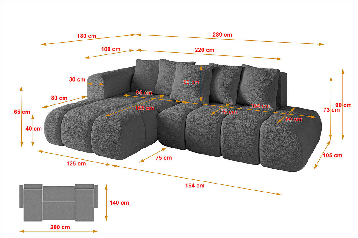 ECKSOFA Ottomane Links CLOUD-L-v1 289x180x40 Grau Bouclé - Grau, Holzwerkstoff/Kunststoff (180/289cm) - ALTDECOR