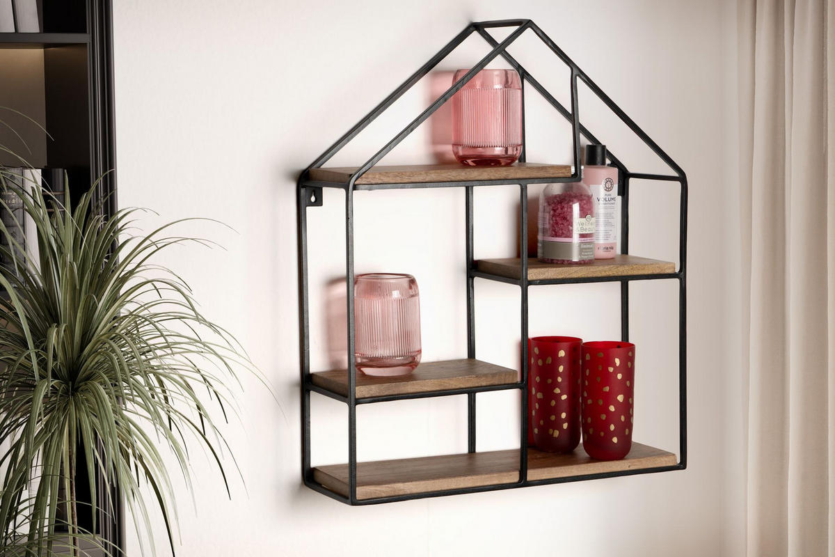 WANDREGAL Mango Massivholz Metall Industrial Stil 50x60x14 cm Hausform - Schwarz/Braun, Holz/Metall (50/60/14cm) - KADIMA DESIGN
