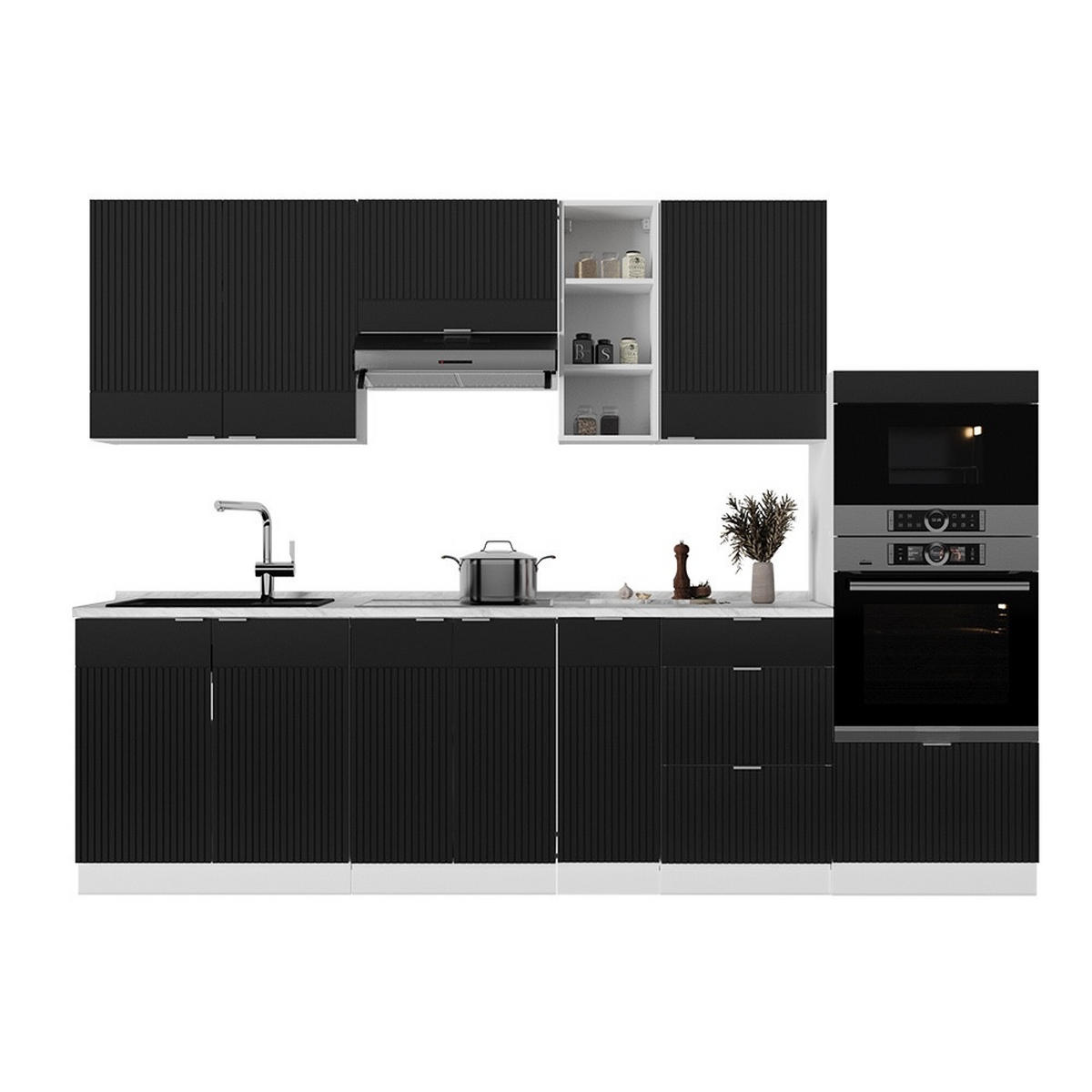 KUHINJSKI BLOK Fame-Line Črna črtasta/bela 280 cm , DP Marmor - črna/bela, leseni material (280/153.6/60cm) - Vicco