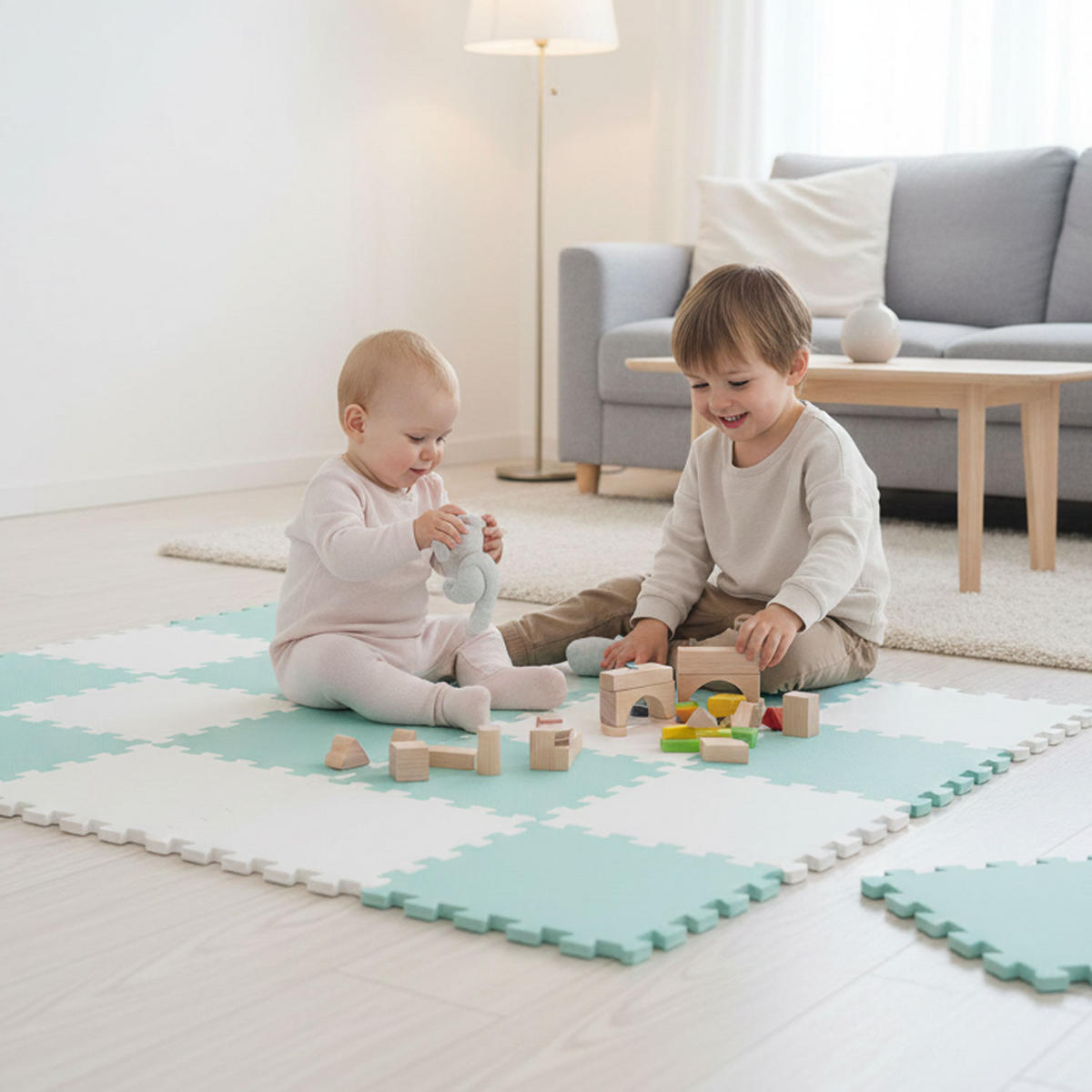 SPIELMATTE ab Null - 180/90/1 cm Puzzlematte Mint/weiß - Multicolor, Kunststoff (30/30cm) - Littletom